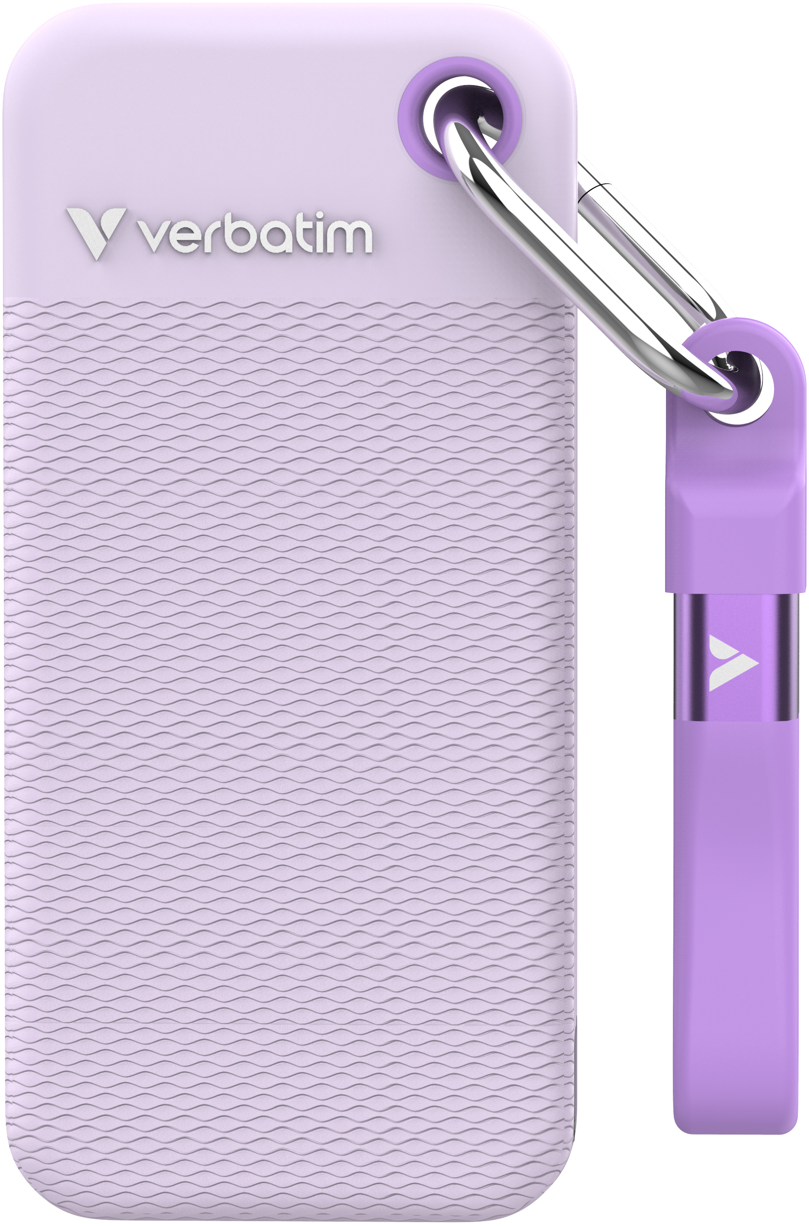 Ein lila Verbatim USB-Stick mit einem silbernen Karabiner. Es hat eine strukturierte Oberfläche und einen kleinen lilafarbenen Stecker.