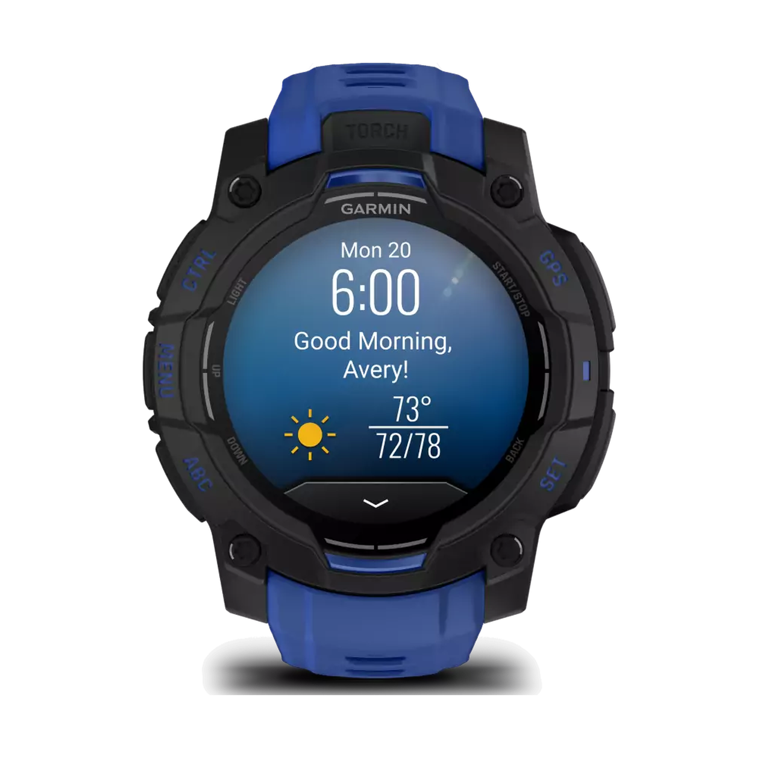 A Garmin smartwatch with a blue and black design shows the time, date, and weather information on its screen.