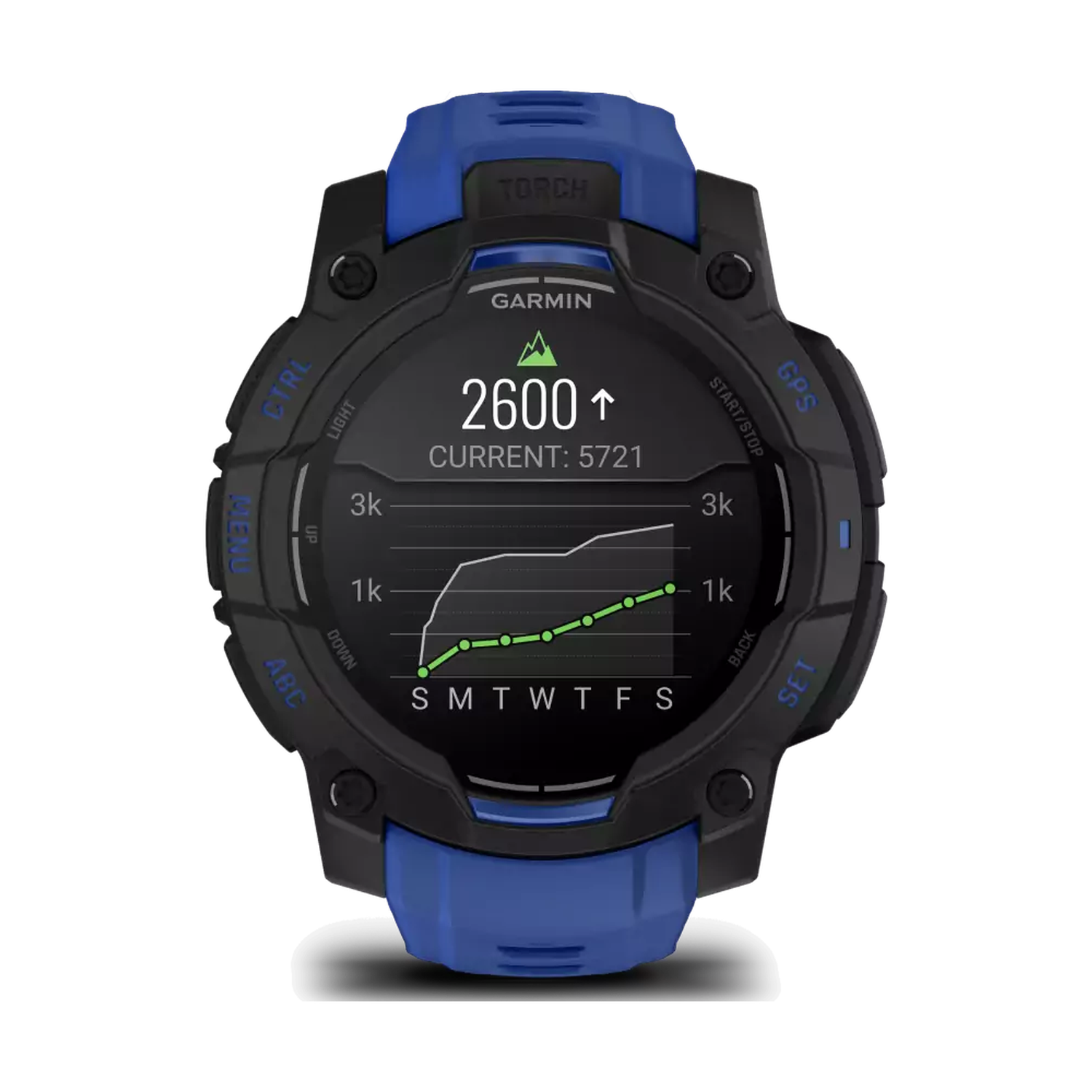 Garmin smartwatch with a blue strap. The screen displays data including steps, a graph, and buttons with labels such as 'MENU' and 'GPS'.