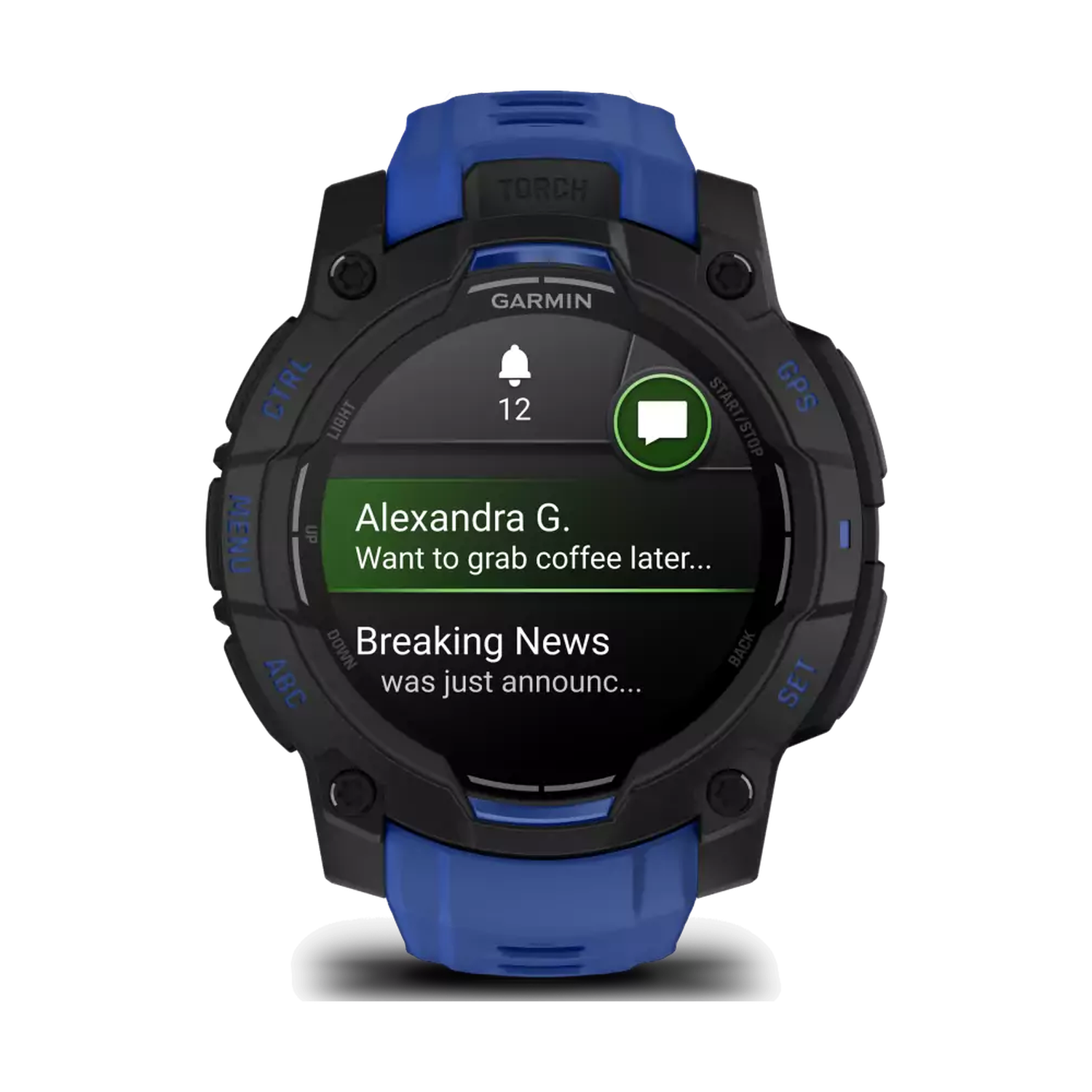 A Garmin smartwatch displays notifications. One is from Alexandra G., asking to grab coffee. Another is breaking news.