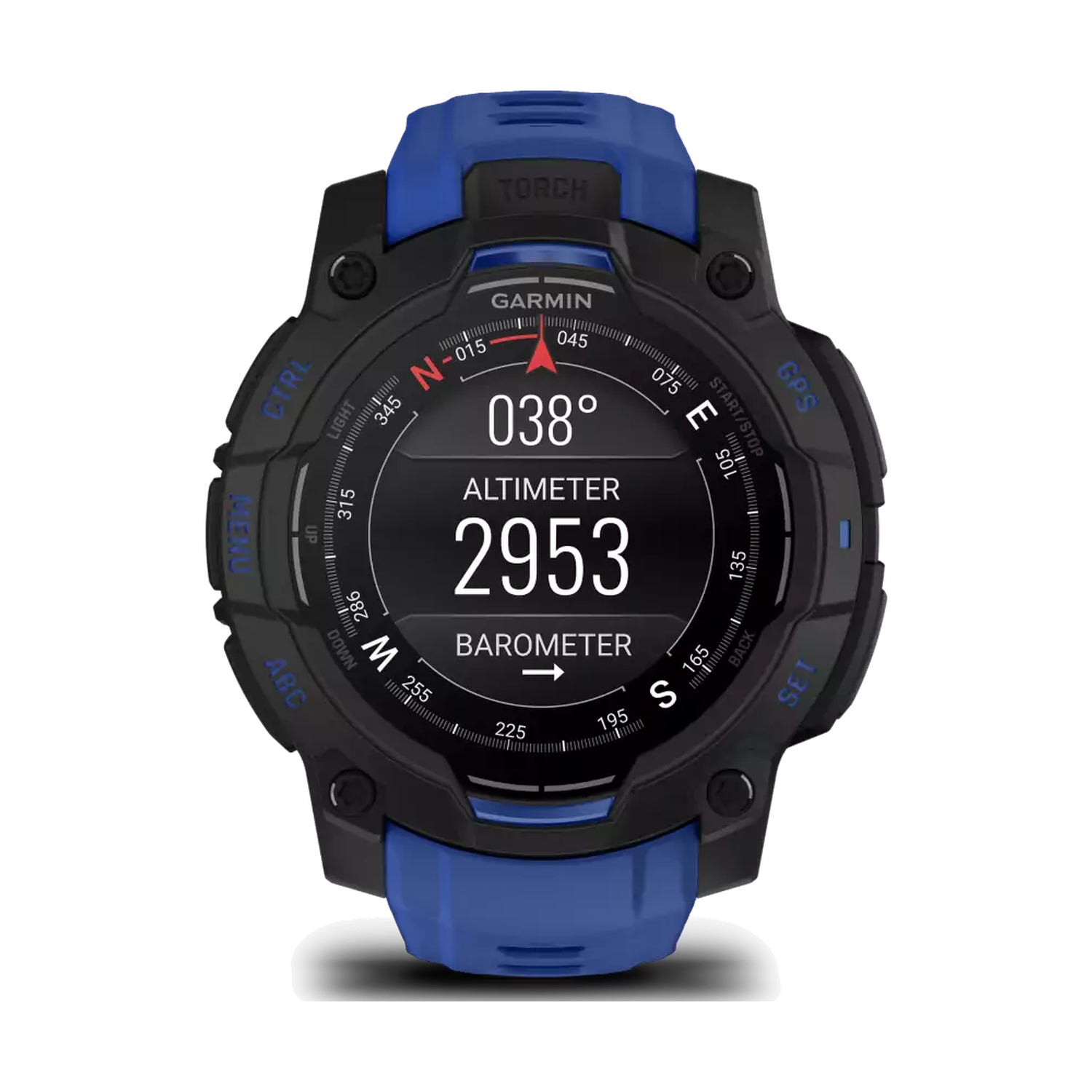 A Garmin watch displays 038 degrees, an altitude of 2953, and a barometer reading. It has a blue strap and black casing.