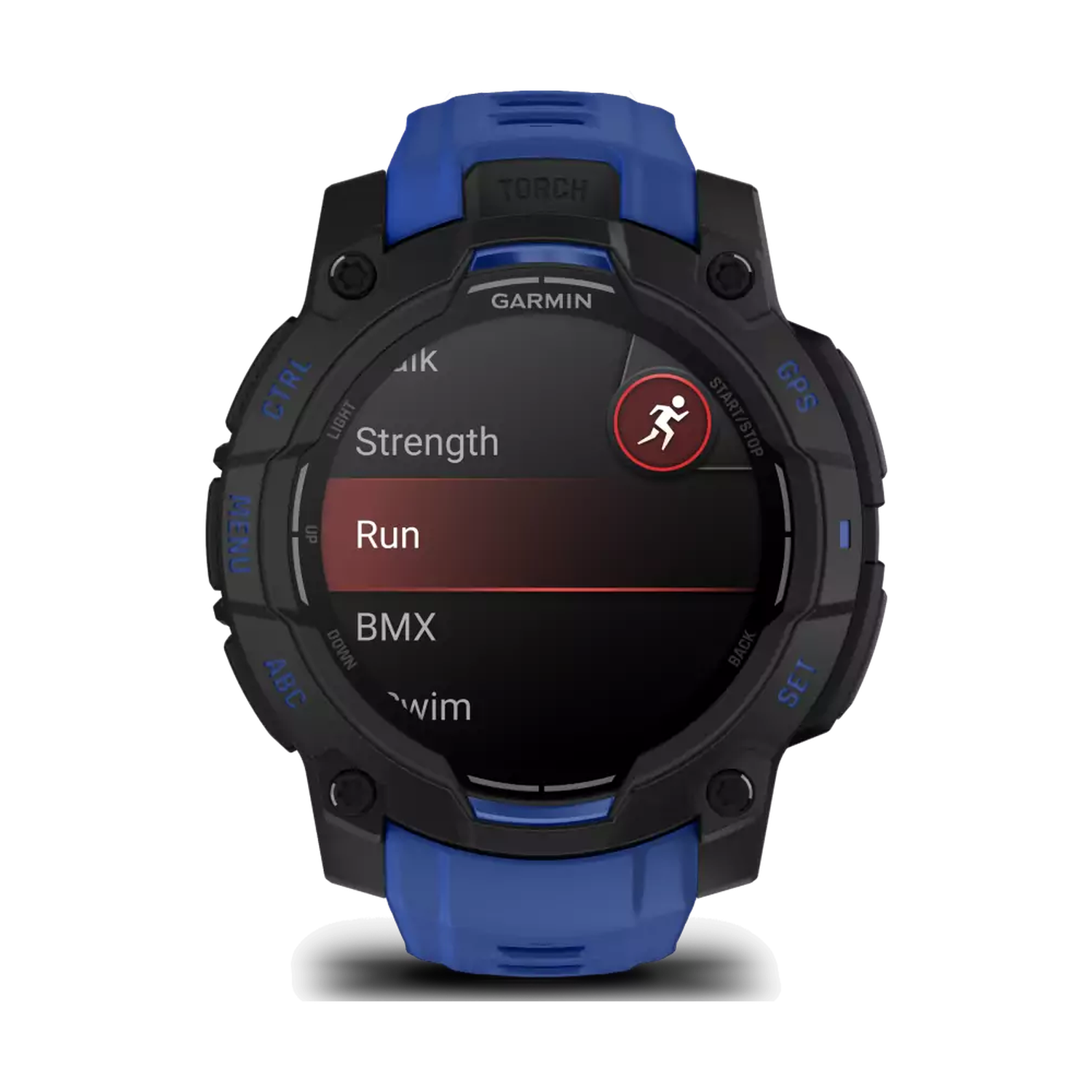 Black and blue Garmin watch displaying 'Run' on its screen. Buttons around the screen are labeled 'CTRL', 'GPS', 'SET'.