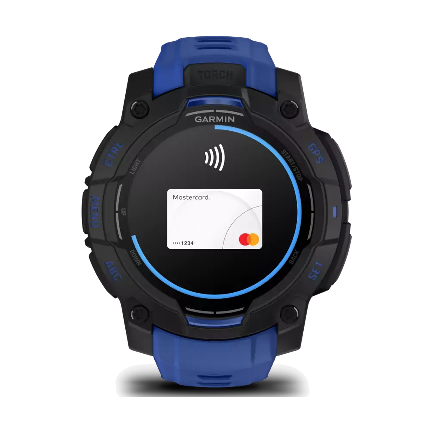 A Garmin smartwatch shows a Mastercard payment screen. It has a black body with blue straps and buttons. The card is displayed.
