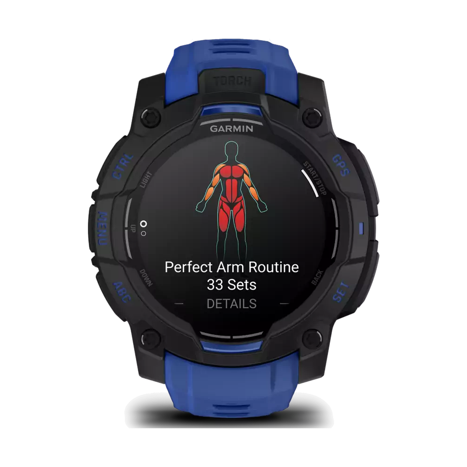 A Garmin smartwatch displays an arm workout on its screen. The watch is black and blue, with buttons and a body diagram.