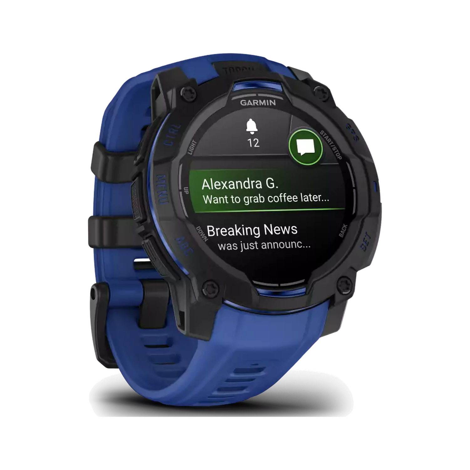 A blue Garmin smartwatch displays a notification. The screen shows messages about coffee and breaking news. It has black accents.