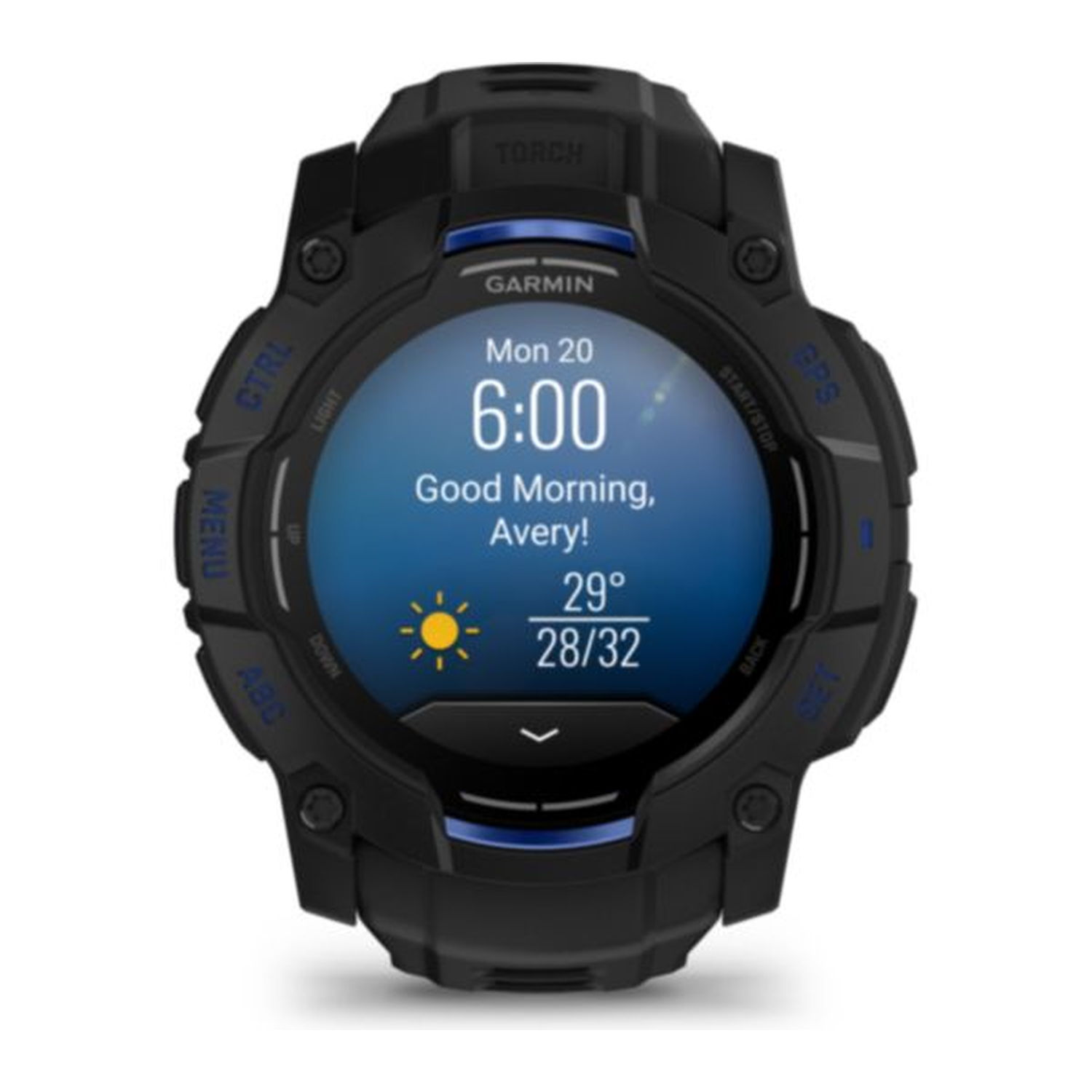 Black Garmin smartwatch showing the time, weather, and a message. The screen displays 'Good Morning, Avery!' and the temperature.