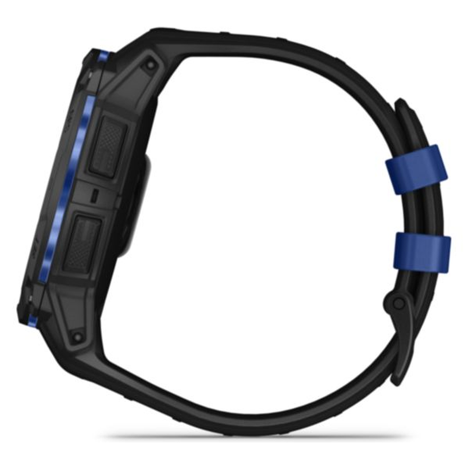 Black smartwatch with blue accents and straps. Side view shows buttons, display, and band detail with blue keepers.