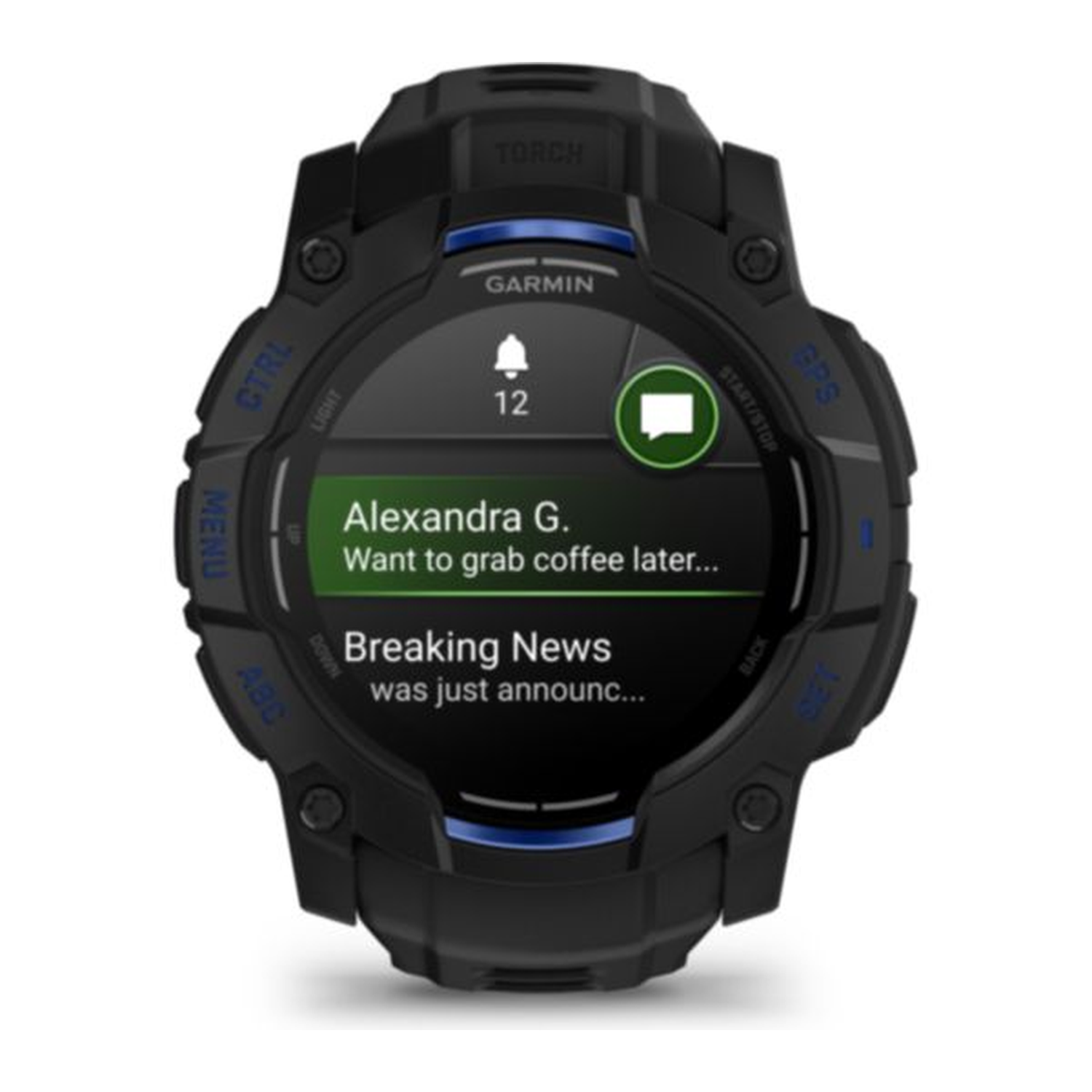 A black Garmin smartwatch displays a message from Alexandra G. asking to grab coffee and breaking news.