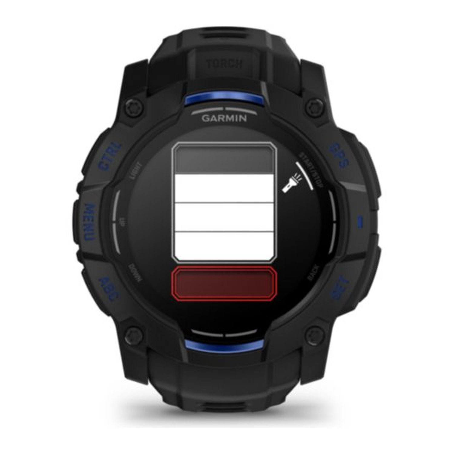 Black Garmin smartwatch showing a battery icon with low charge. Features buttons like CTRL, MENU, and GPS. The screen displays data.