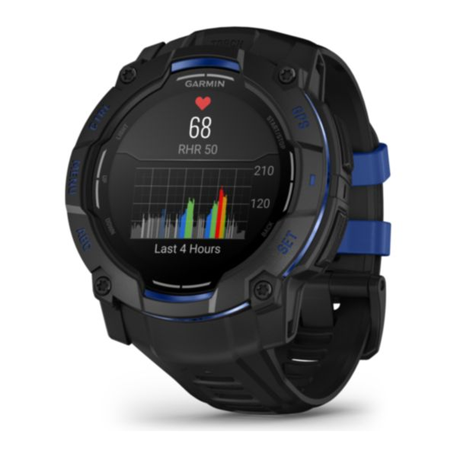 Black Garmin smartwatch with a heart rate display. The screen shows a graph and heart rate data. Blue accents on the band.