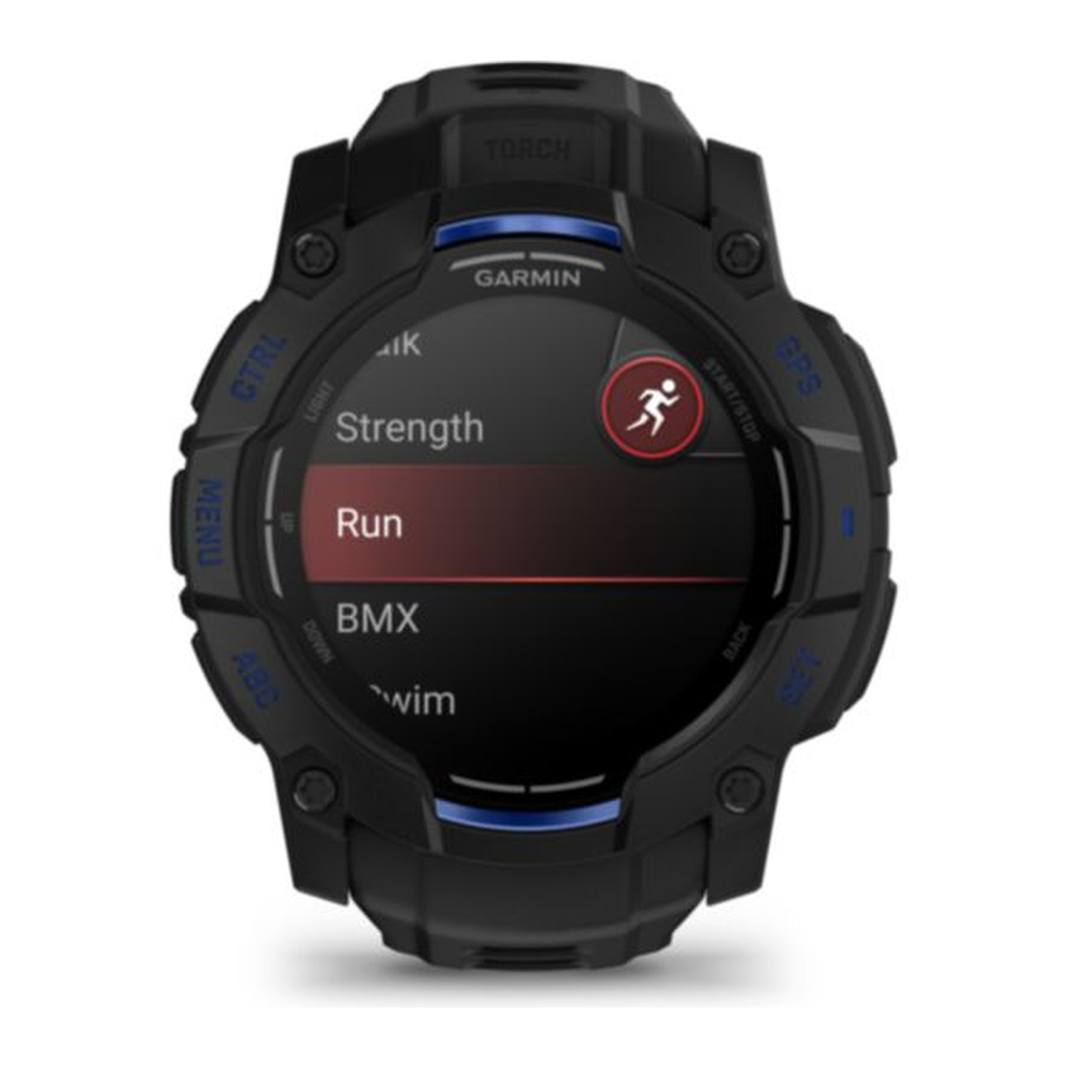 A black Garmin smartwatch displays fitness options: Strength, Run, BMX, and Swim. A red circle with a running figure is visible.