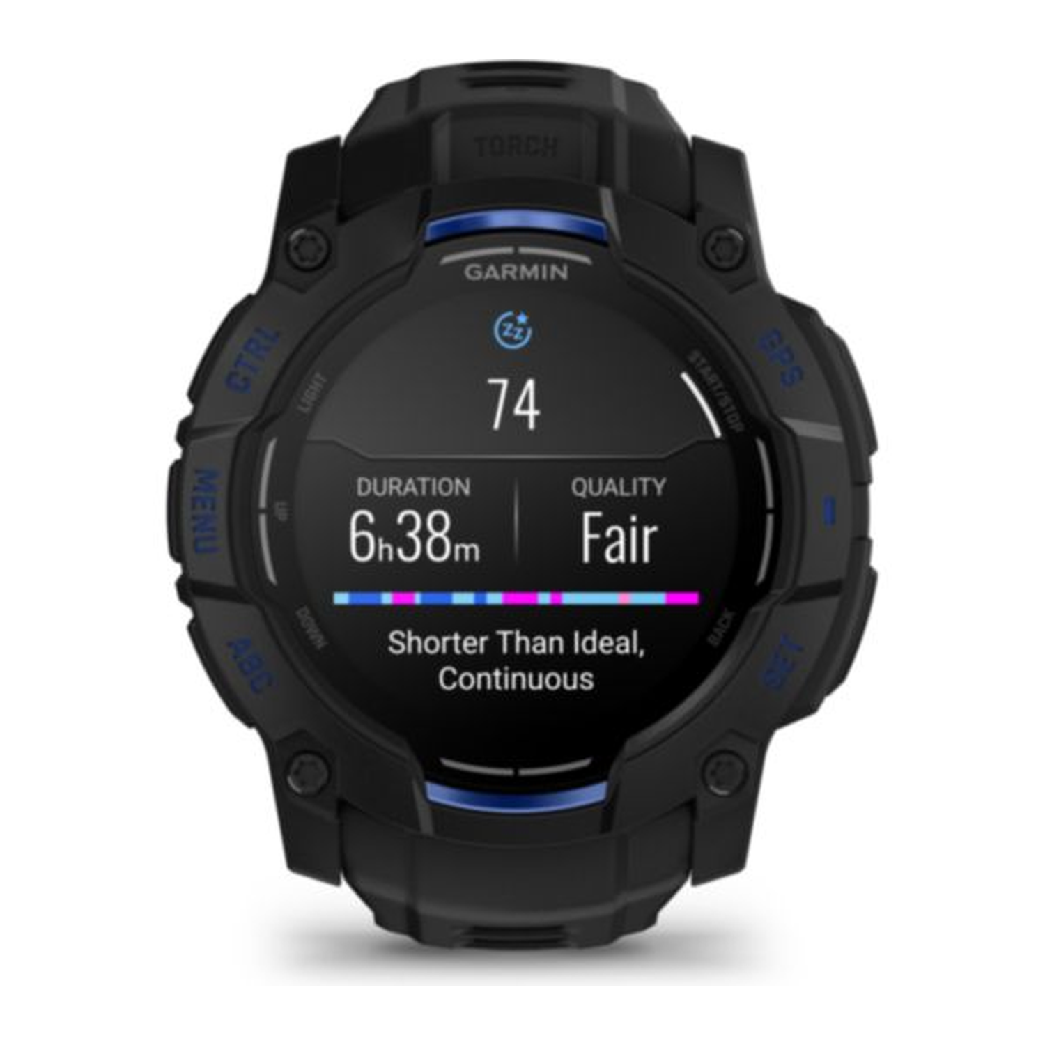 Black Garmin watch with a screen showing data. Displays duration, quality, and a score of 74. Buttons include CTRL, MENU, GPS, and START/STOP.