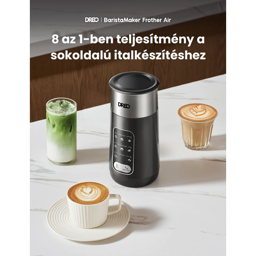 Fekete-ezüst habosító italokkal: kávé, latte art és matcha. A szöveg azt mondja: '8 az 1-ben teljesítmény' és 'DREO'.