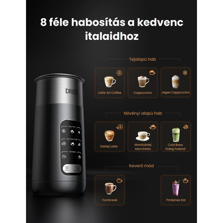 Egy fekete tejhabosító 8 italopcióval, beleértve a latte-t, cappuccinót és hideg sört, magyar nyelvű felirattal.