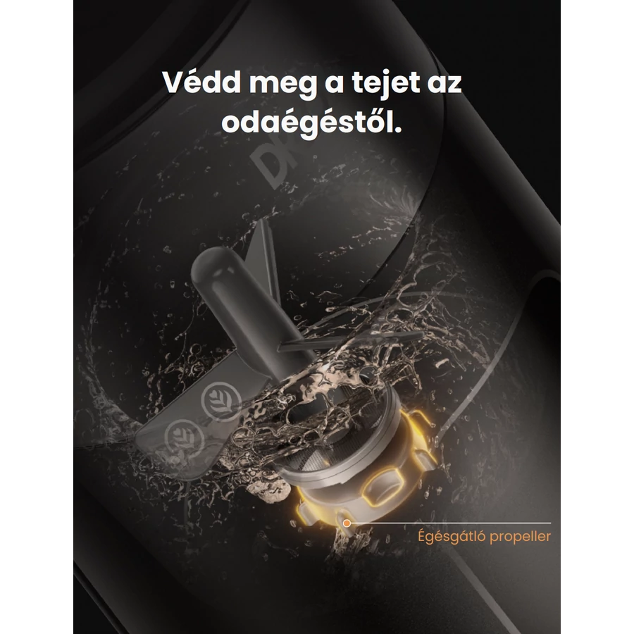 Sötét kép, propellerrel, vízfröccsenésekkel. Magyar szöveg: 'Védje a tejet az odaégéstől'.