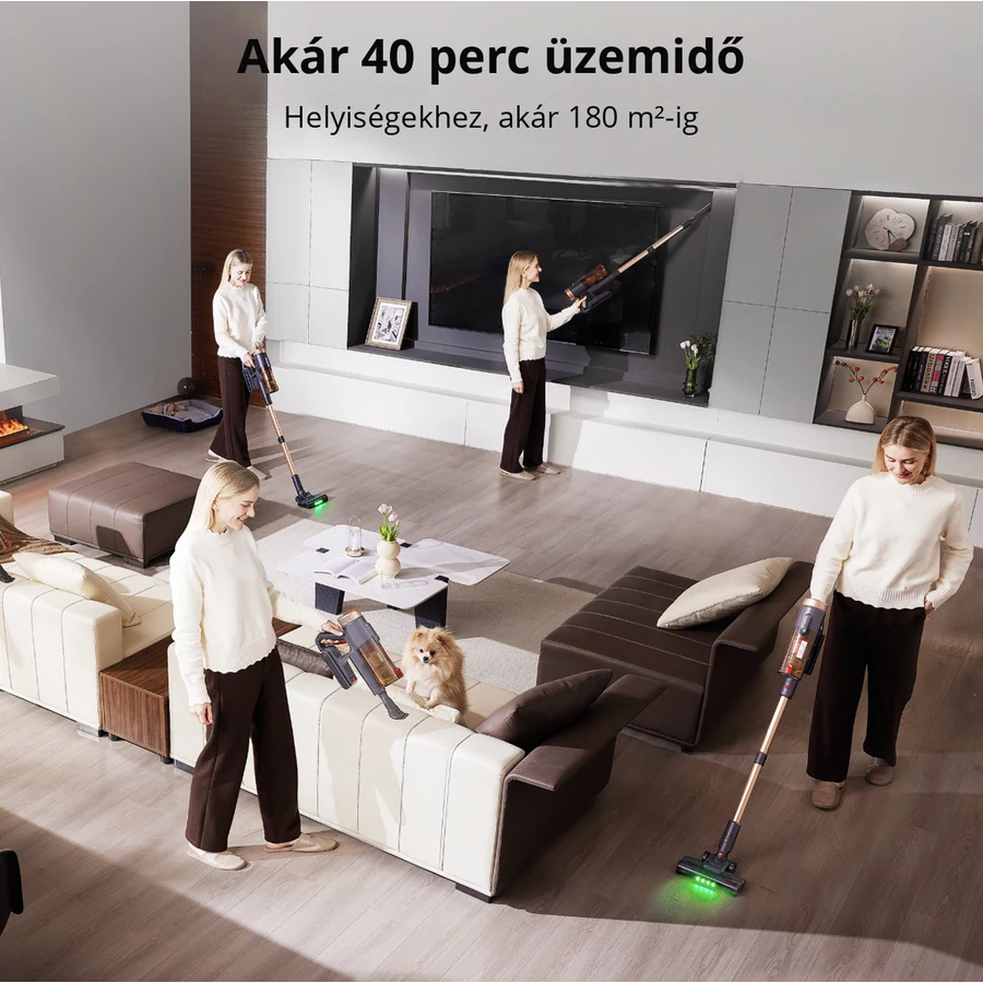 Több nő porszívózik egy modern nappaliban. Egy kutya ül a kanapén. A szobában nagy TV és stílusos bútorok vannak.