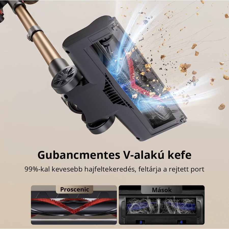 A porszívófej tisztít, porszemcséket mutatva. Szöveg: 'Gubancmentes V-alakú kefe'. Két kefefej összehasonlítása.