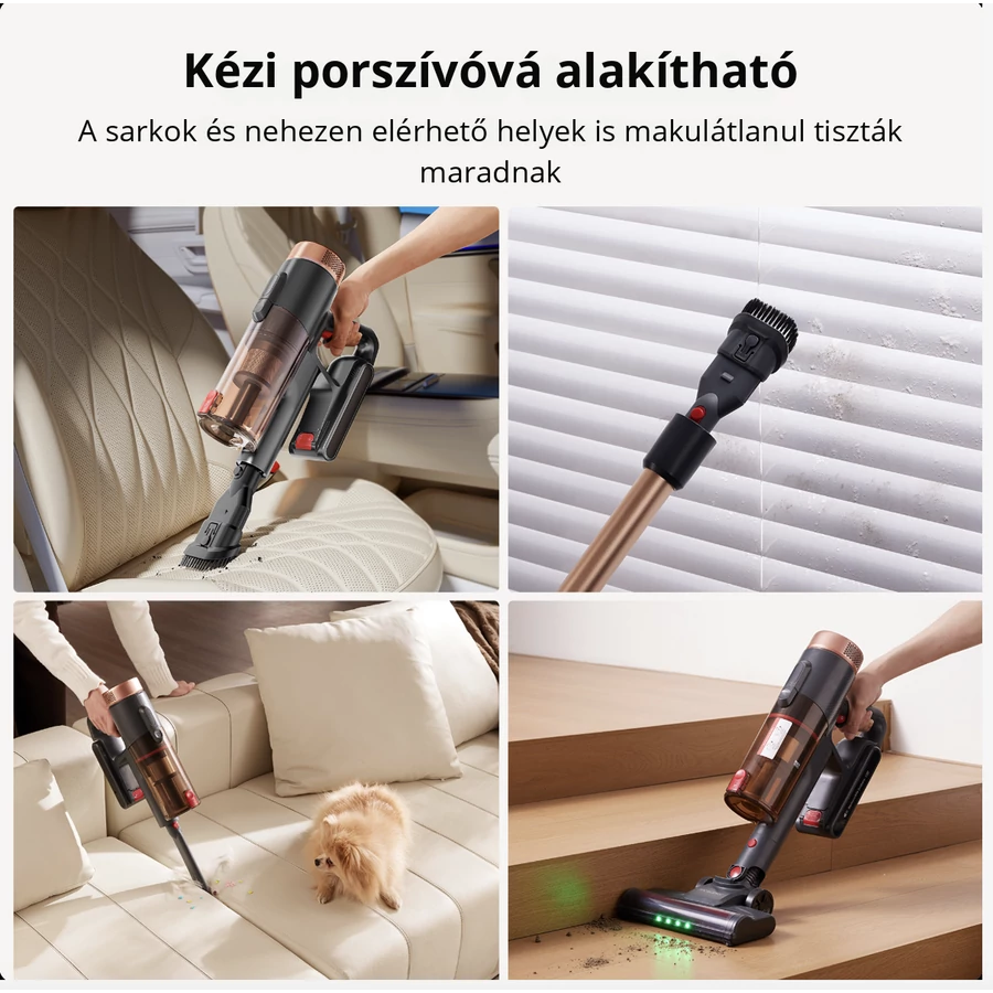 Egy vezeték nélküli porszívót több helyzetben használnak: autóülés, redőnyök, kanapé és lépcsők. Egy kiskutya is látható.