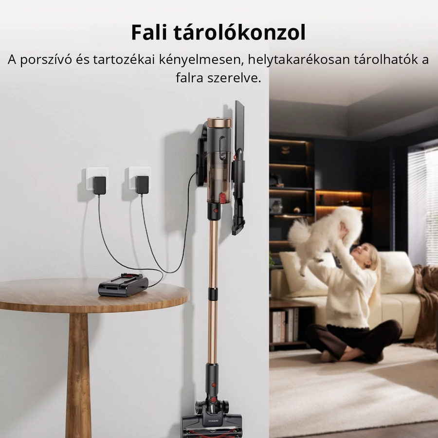 Egy vezeték nélküli porszívó a falra szerelve. Egy nő egy fehér kutyával játszik a háttérben.