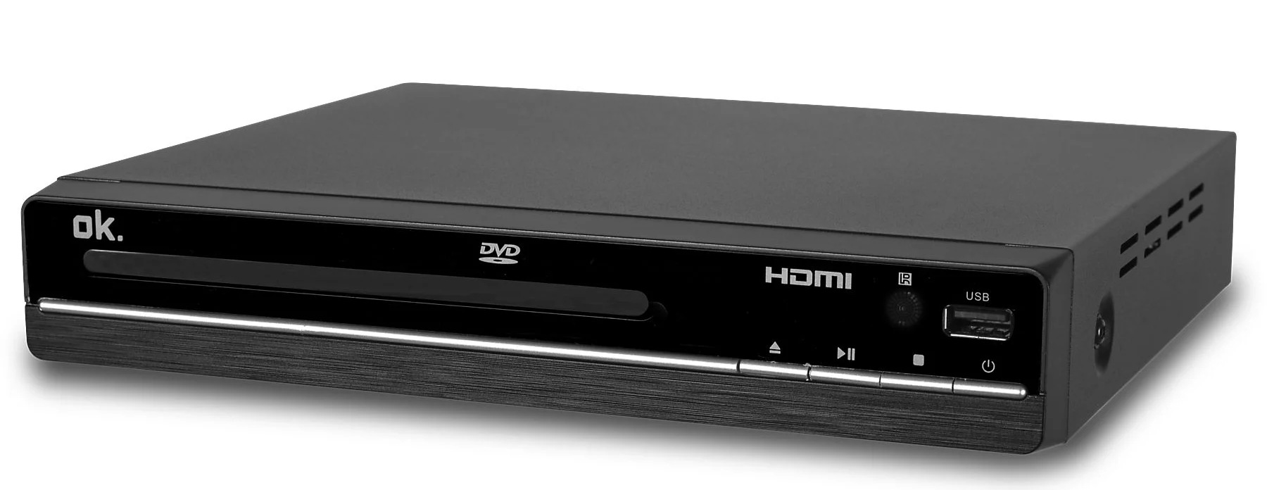 Czarny odtwarzacz DVD z logo ok. Posiada tackę na płytę, HDMI, USB i przyciski sterowania. Design jest elegancki i nowoczesny.