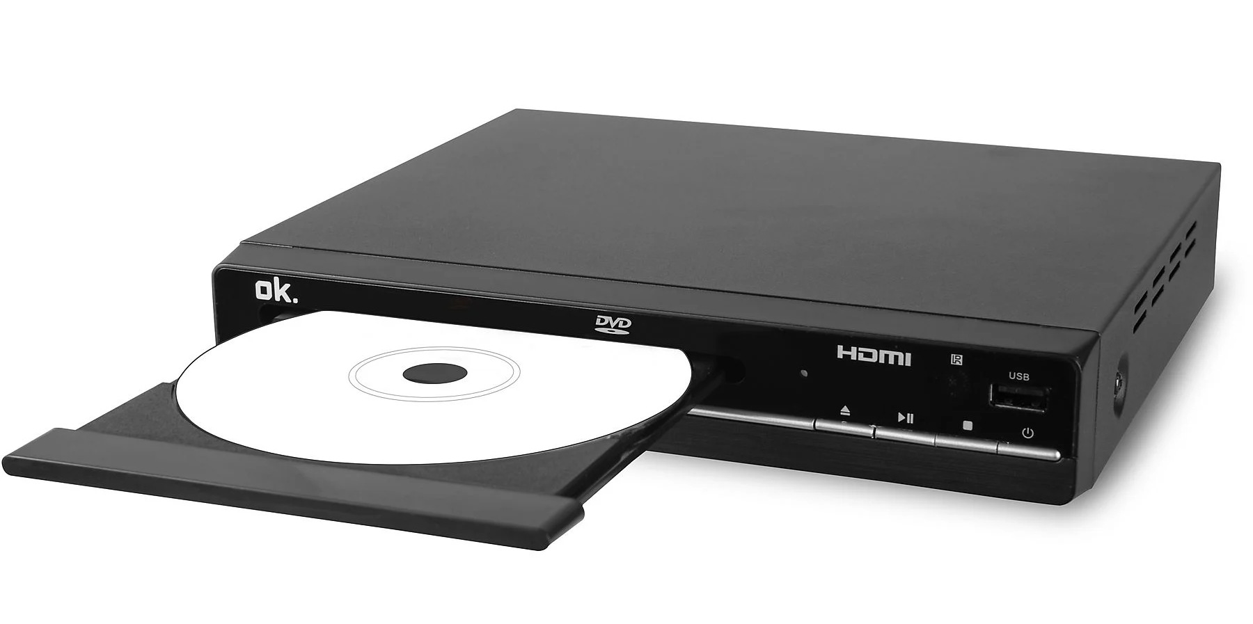 Czarny odtwarzacz DVD z otwartą szufladą na dysk, ukazującą białą płytę. Posiada porty HDMI i USB. Marka to ok.