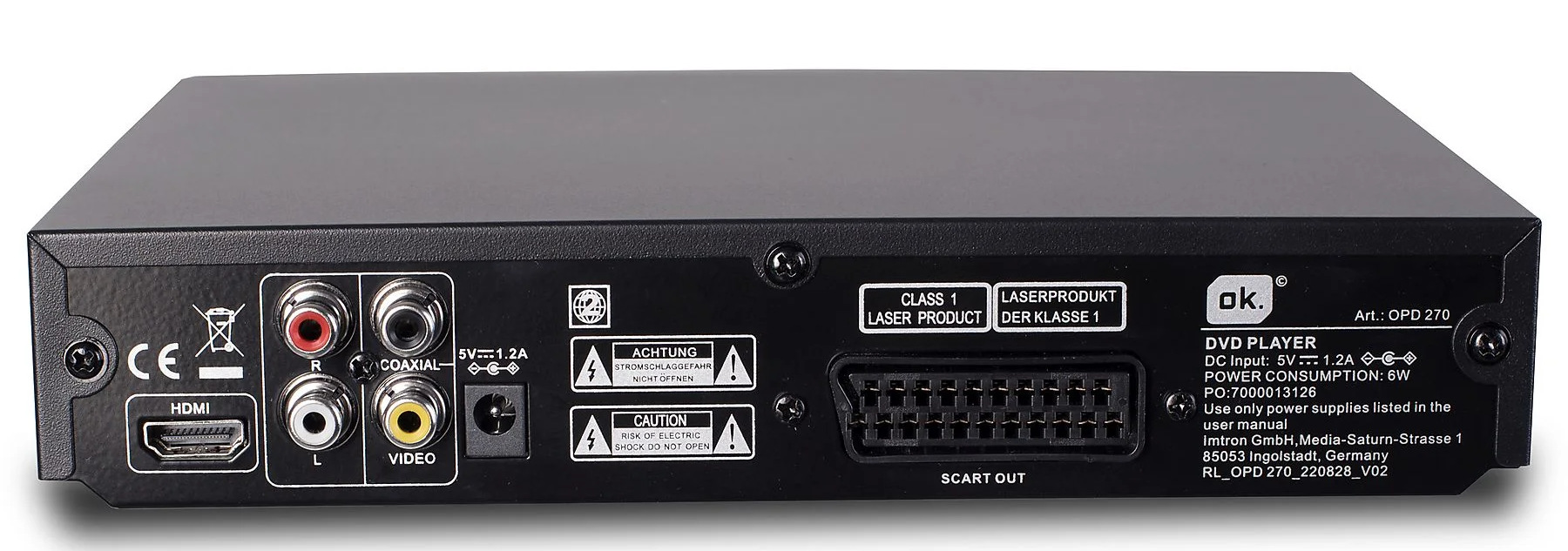 Czarny panel tylny odtwarzacza DVD z różnymi portami, ostrzeżeniami i etykietami. Zawiera HDMI, koncentryczne i wejście zasilania.