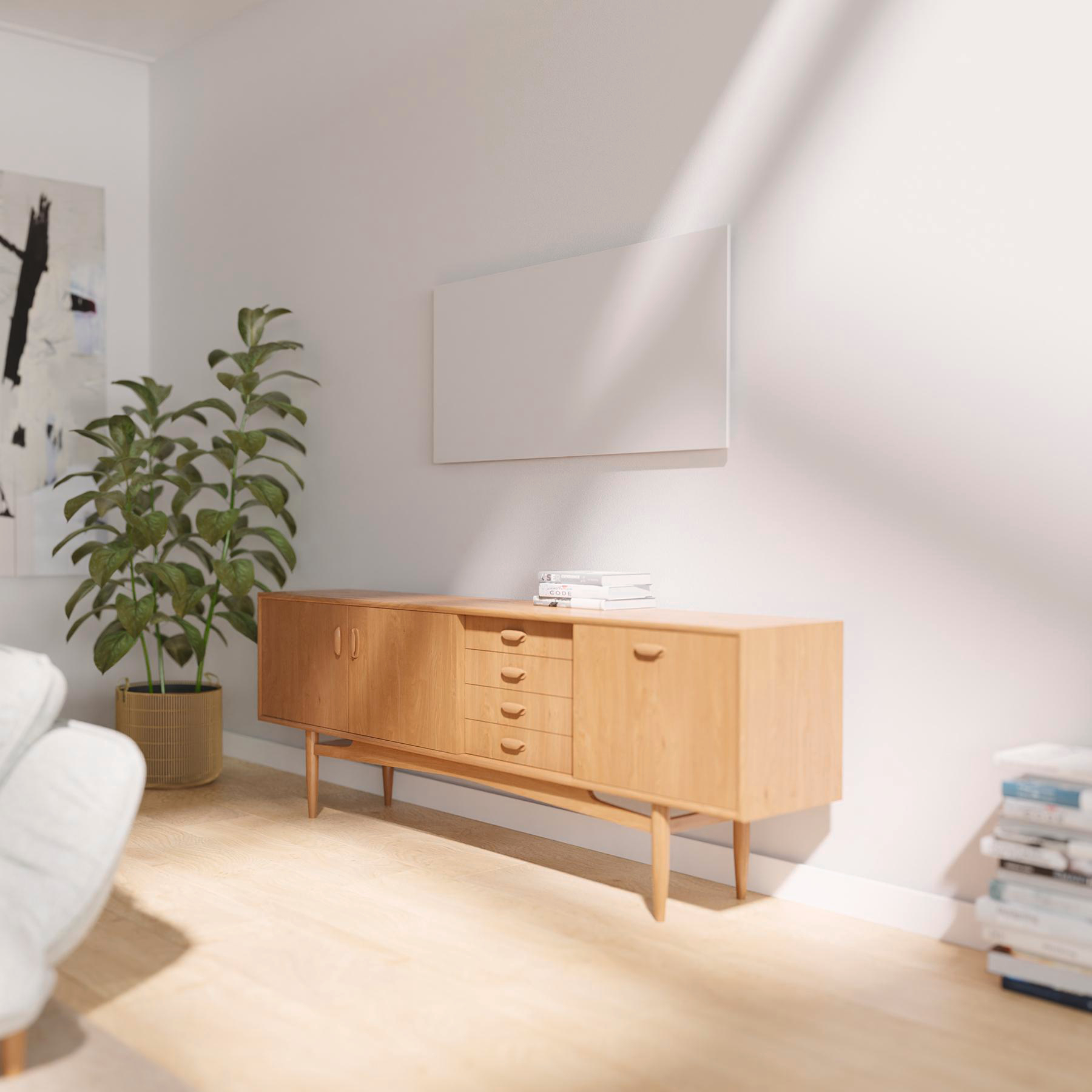 Eine Holzkommode mit einer weißen Wand dahinter. Links und rechts sind eine Pflanze und ein Stapel Bücher.