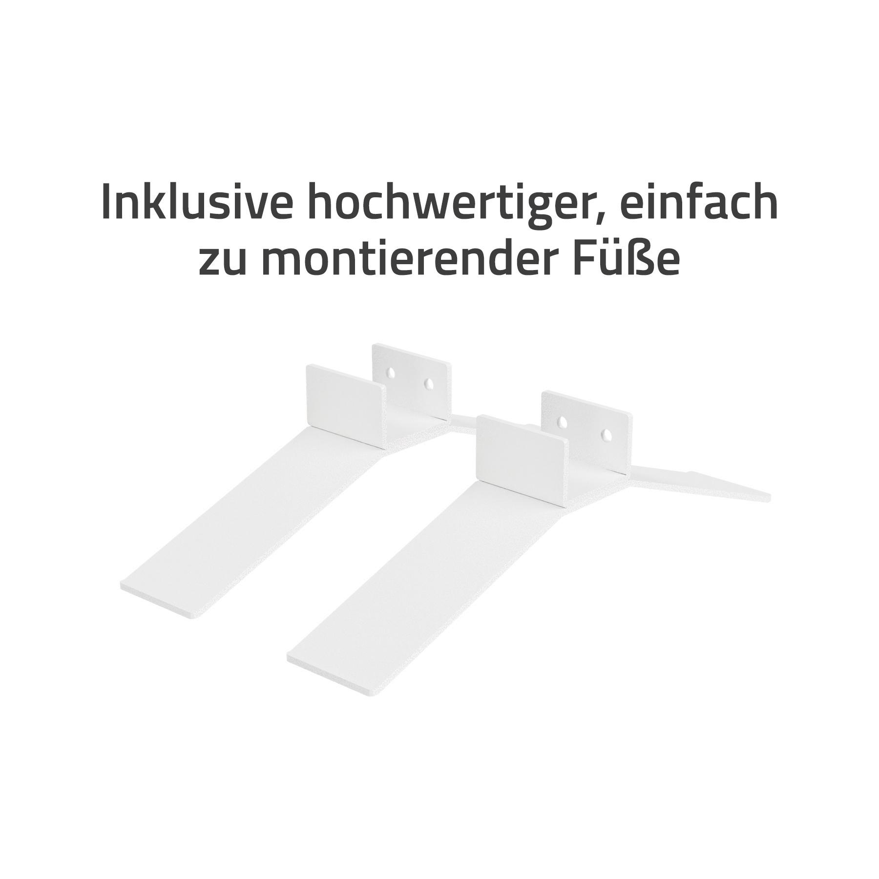 Zwei weiße Metall-Regalhalterungen auf weißem Hintergrund. Text oben: 'Inklusive hochwertiger, einfach zu montierender Füße'.