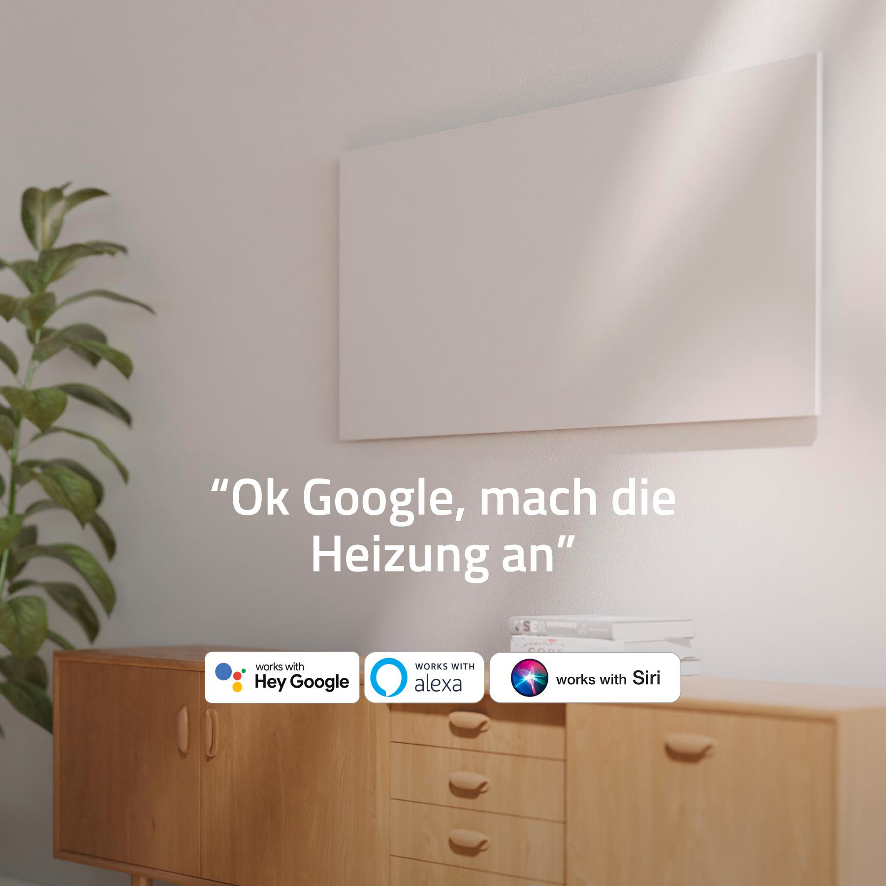 Ein weißer Wandheizkörper, ein Holzschrank und der Satz: „Ok Google, heize an“.