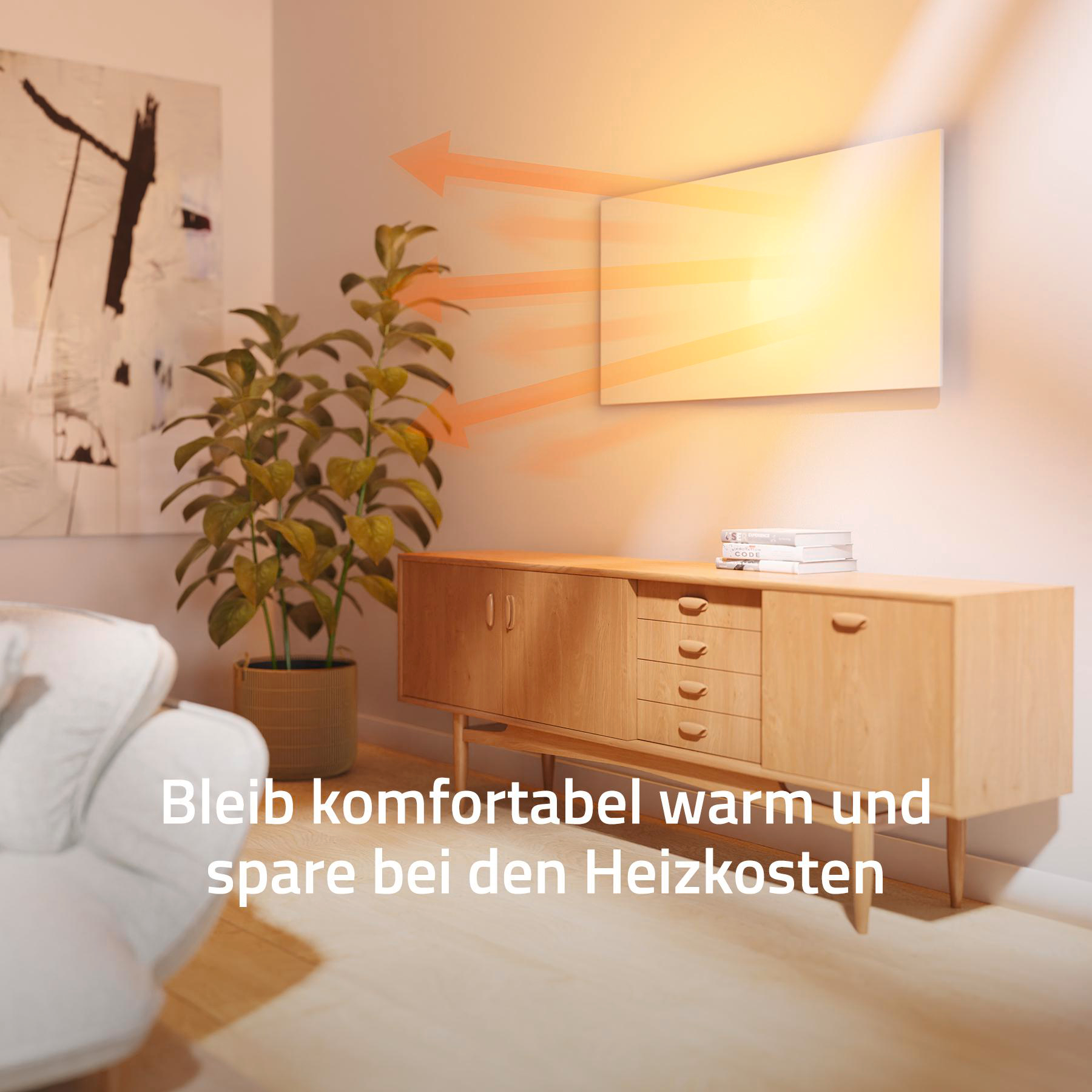 Ein Raum mit Heizung, Pflanze und Holzschrank. Pfeile zeigen Wärmefluss. Text: Bleib warm und spare Heizkosten.