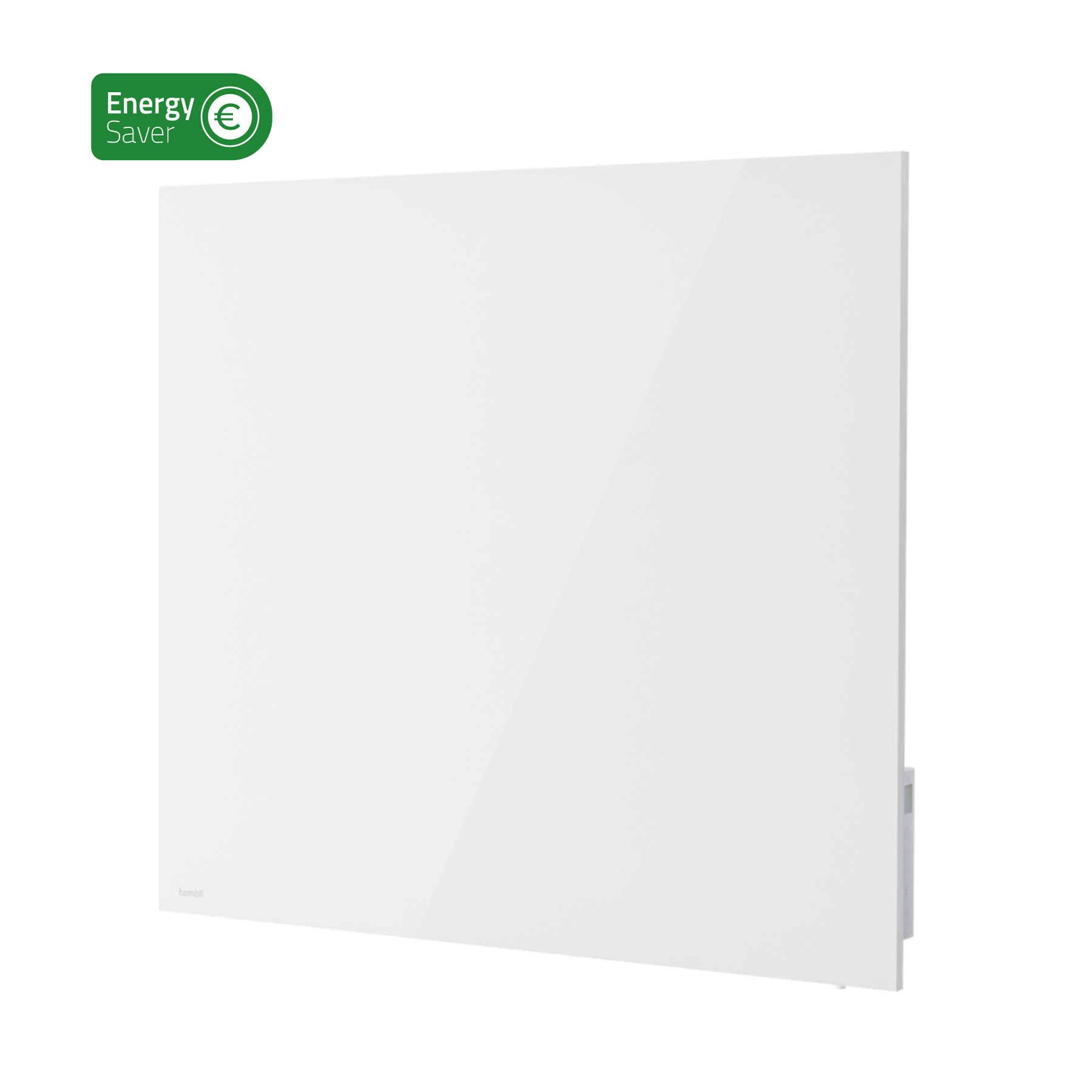 Ein weißer, rechteckiger, an der Wand befestigter Elektroheizer mit dem Label 'Energy Saver' und einem Euro-Symbol. Der Hintergrund ist weiß.