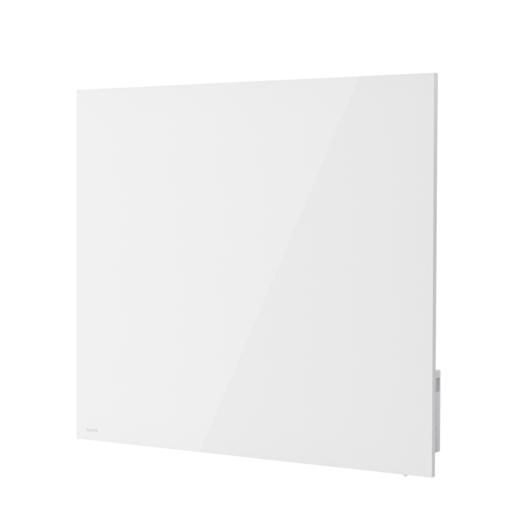 Ein weißer, rechteckiger, an der Wand montierter Heizkörper mit glänzender Oberfläche. Der Heizkörper hat ein minimalistisches Design.