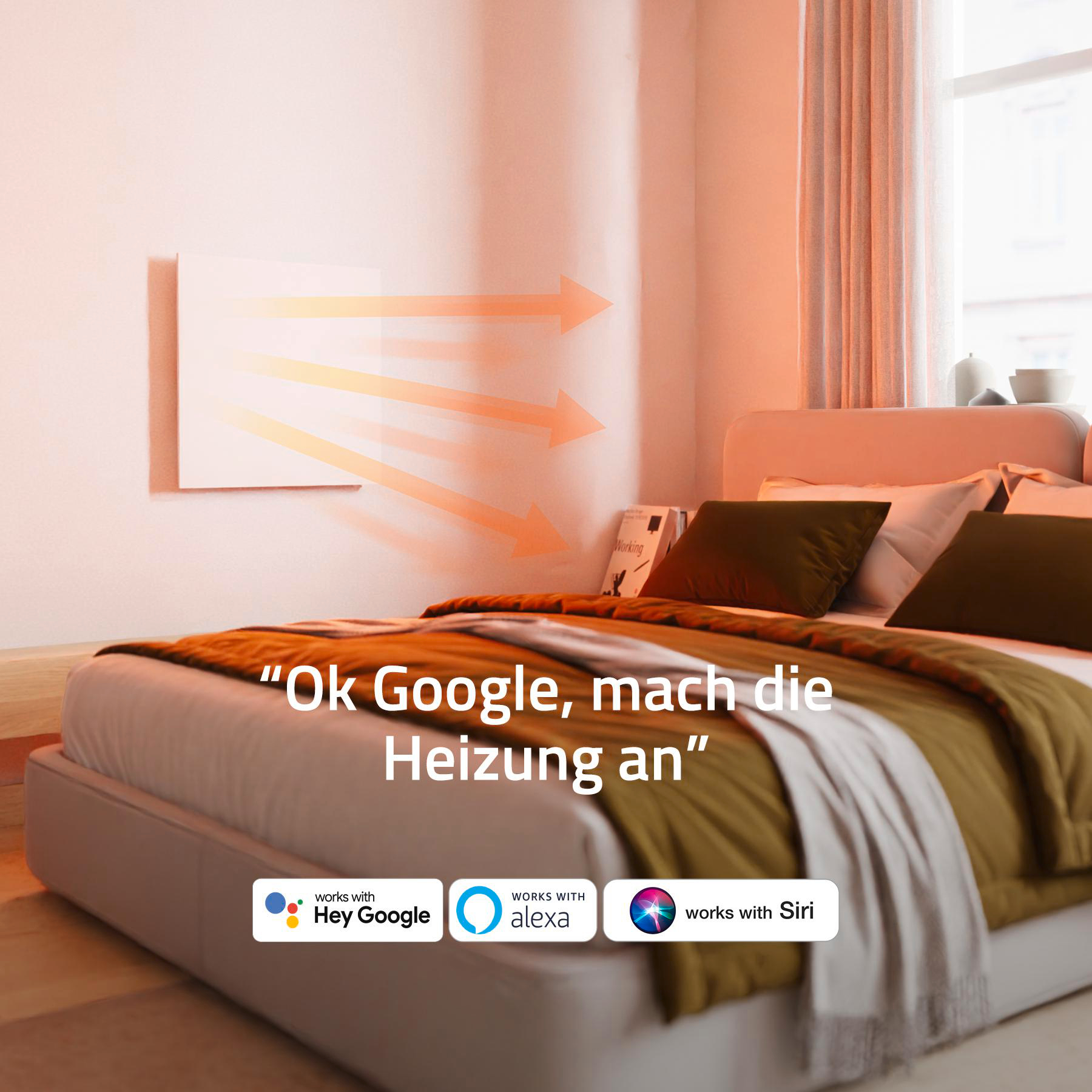 Schlafzimmer mit Bett. Text: 'Ok Google, mach die Heizung an.' Smart Home Icons unten.
