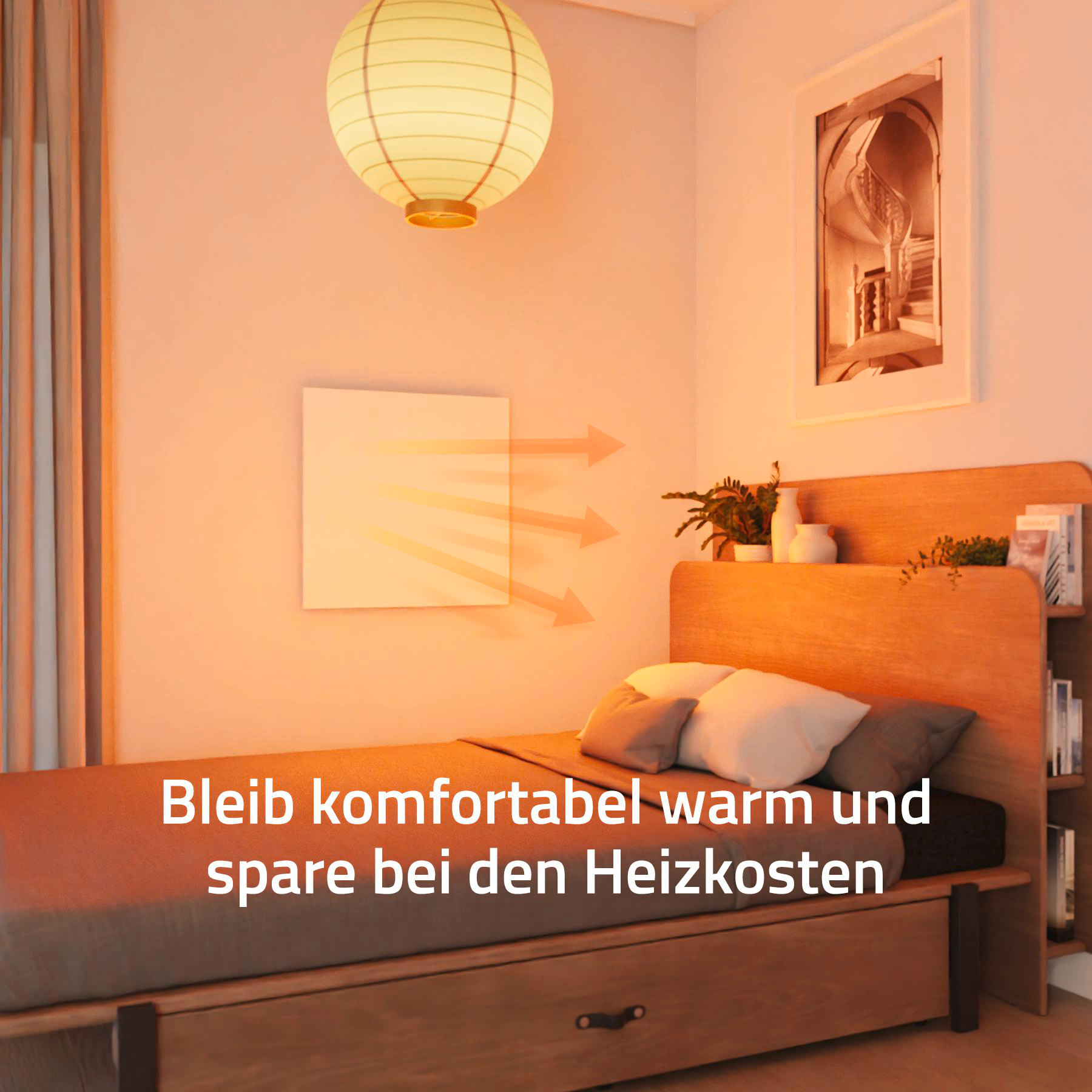 Schlafzimmer mit Bett, Lampe und Heizung. Ein Gemälde hängt an der Wand. Der Text lautet: Bleib komfortabel warm und spare bei den Heizkosten.