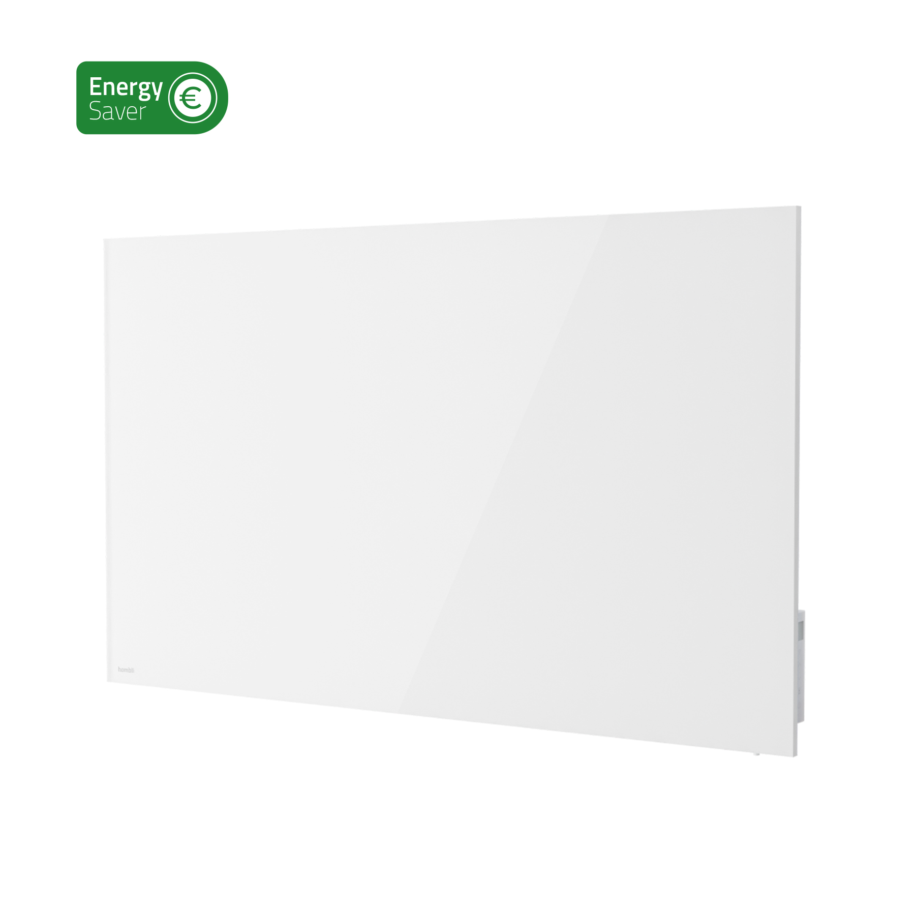 Ein weißes, rechteckiges Paneelheizgerät mit einem Energiespar-Abzeichen. Das Heizgerät ist glänzend mit einem Euro-Symbol.