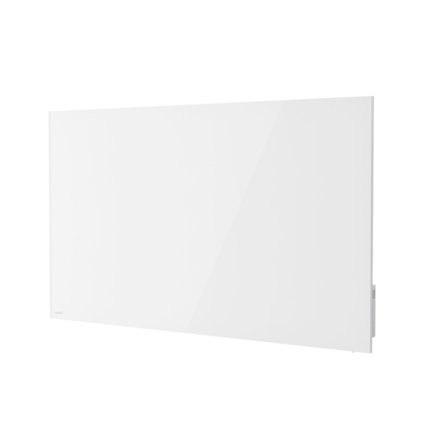Ein weißer, rechteckiger, an der Wand montierter Heizkörper. Er ist glänzend und reflektierend, mit dem Markennamen 'homba'.