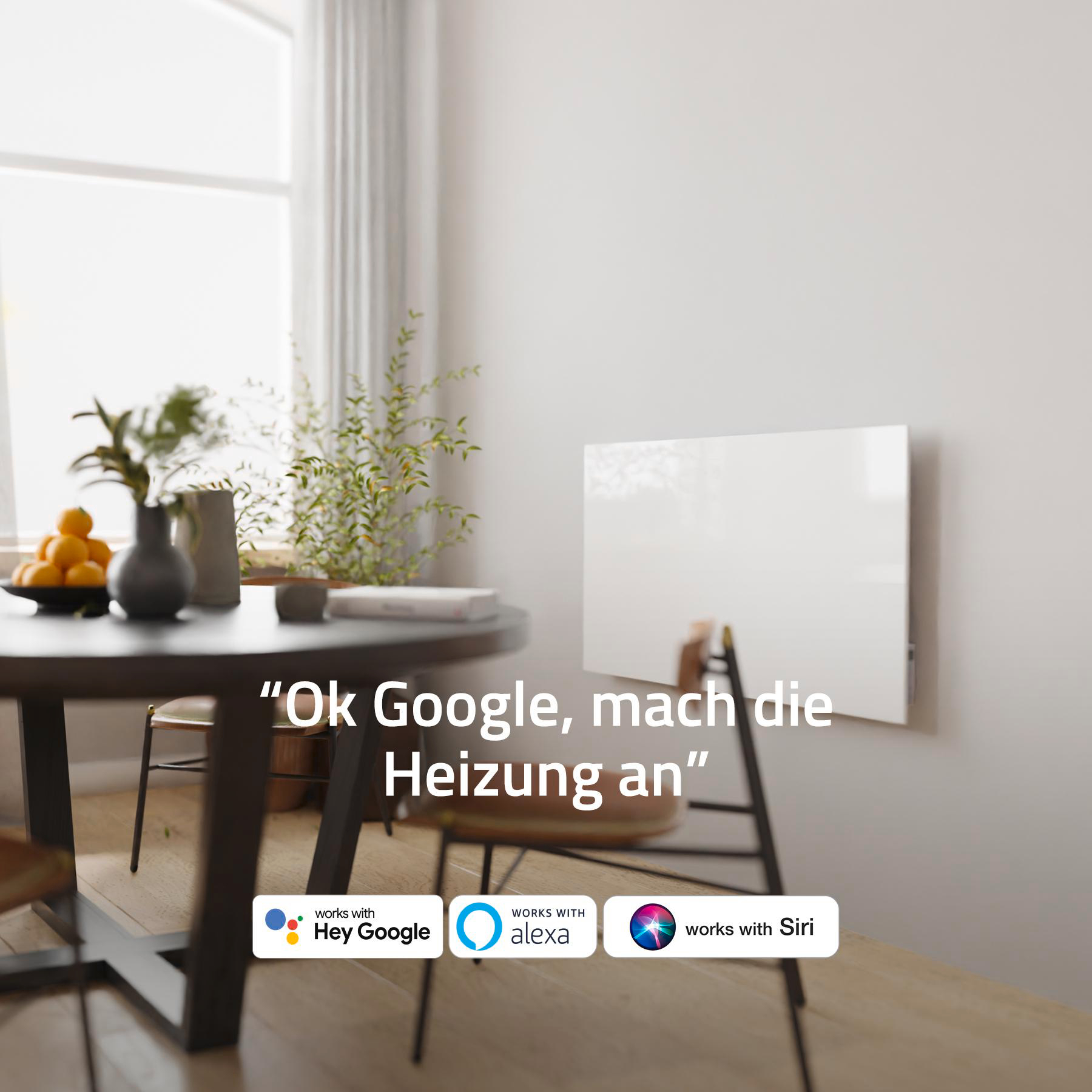 Ein moderner Raum mit Tisch und weißem Heizkörper an der Wand. Text: Ok Google, mach die Heizung an.