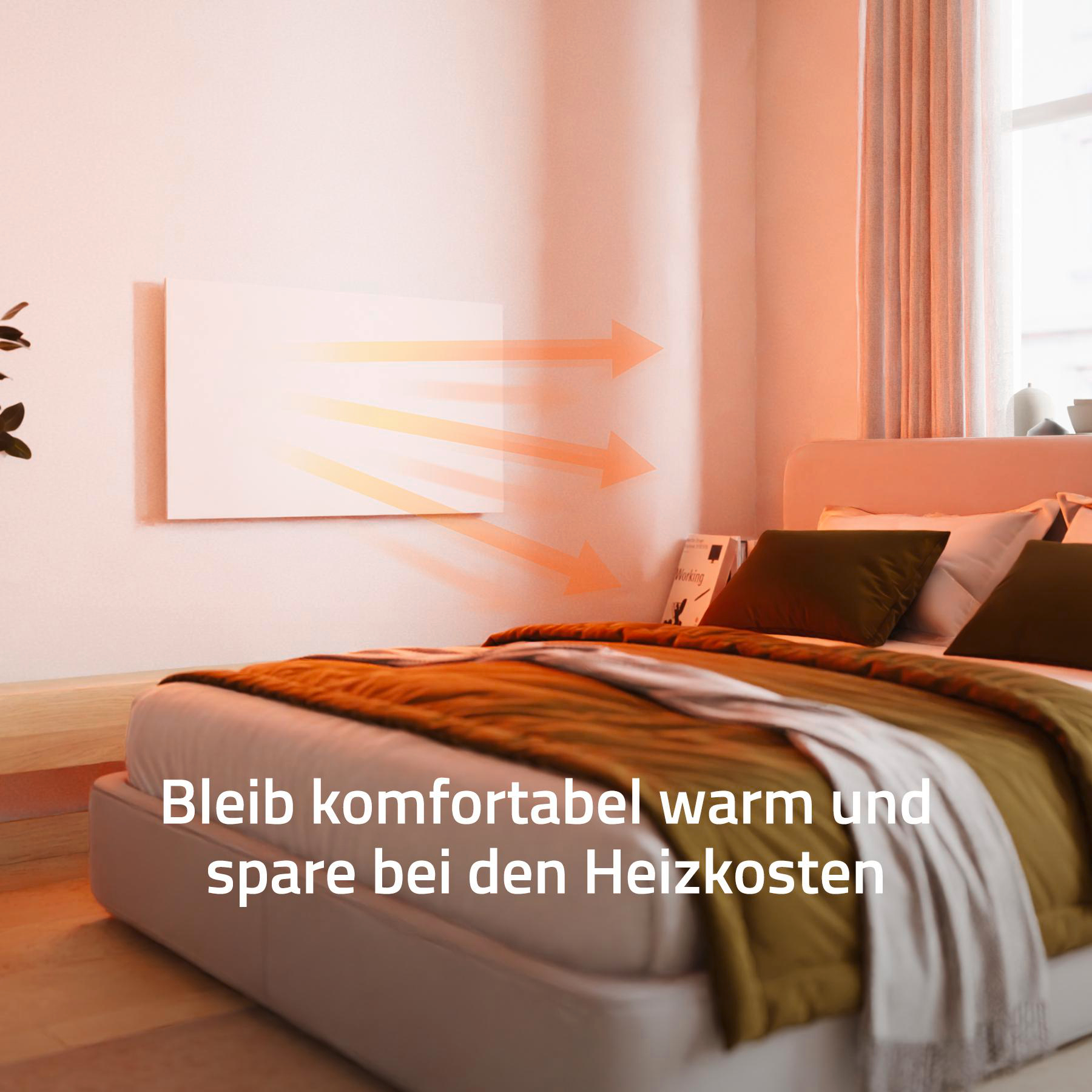 Schlafzimmer: weißer Wandheizkörper, Bett mit brauner und weißer Bettwäsche. Text: Warm bleiben und Heizkosten sparen.
