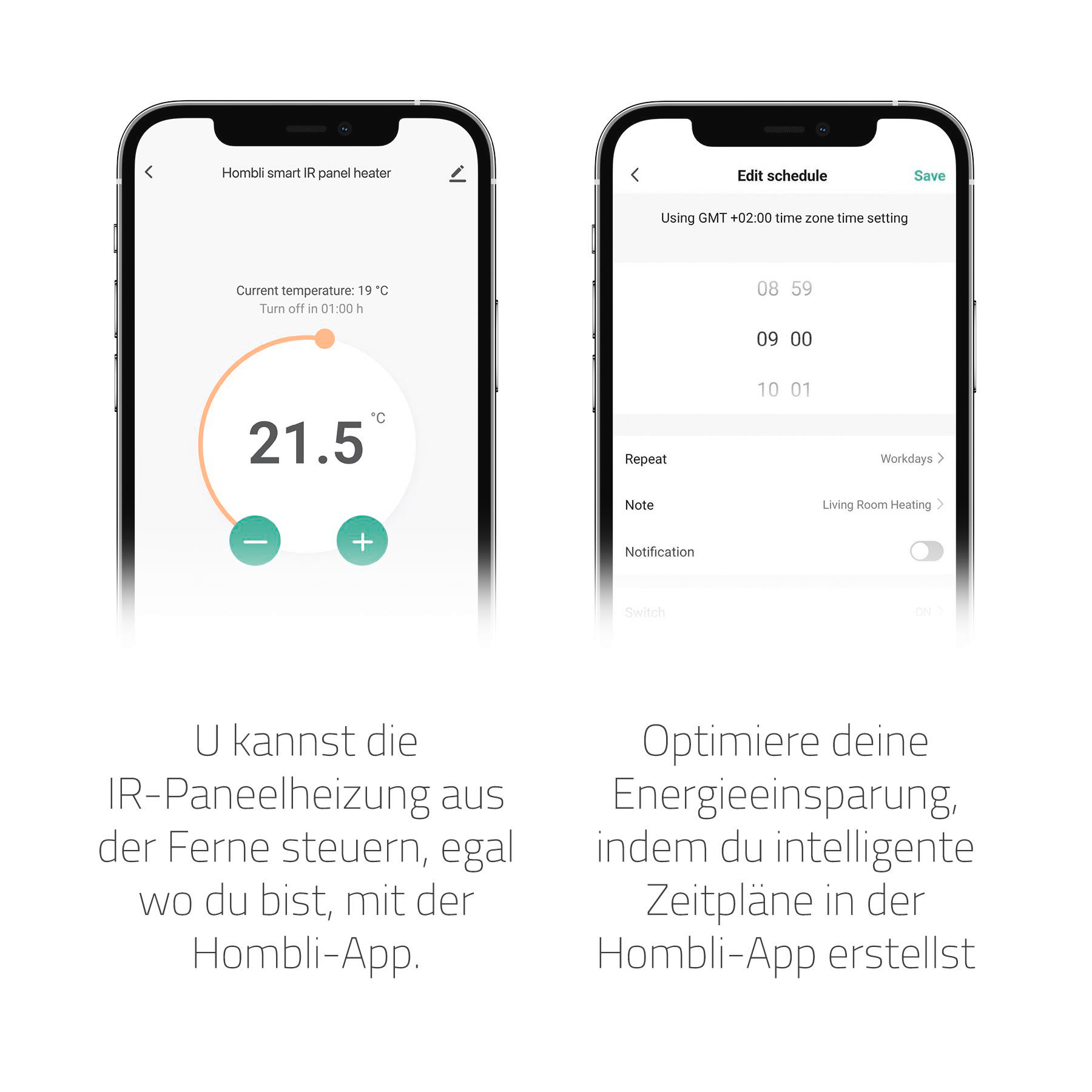 Zwei Smartphones zeigen App-Oberflächen. Eins zeigt Temperaturregler, das andere Zeitplaneinstellungen. Texte auf Deutsch und Englisch.