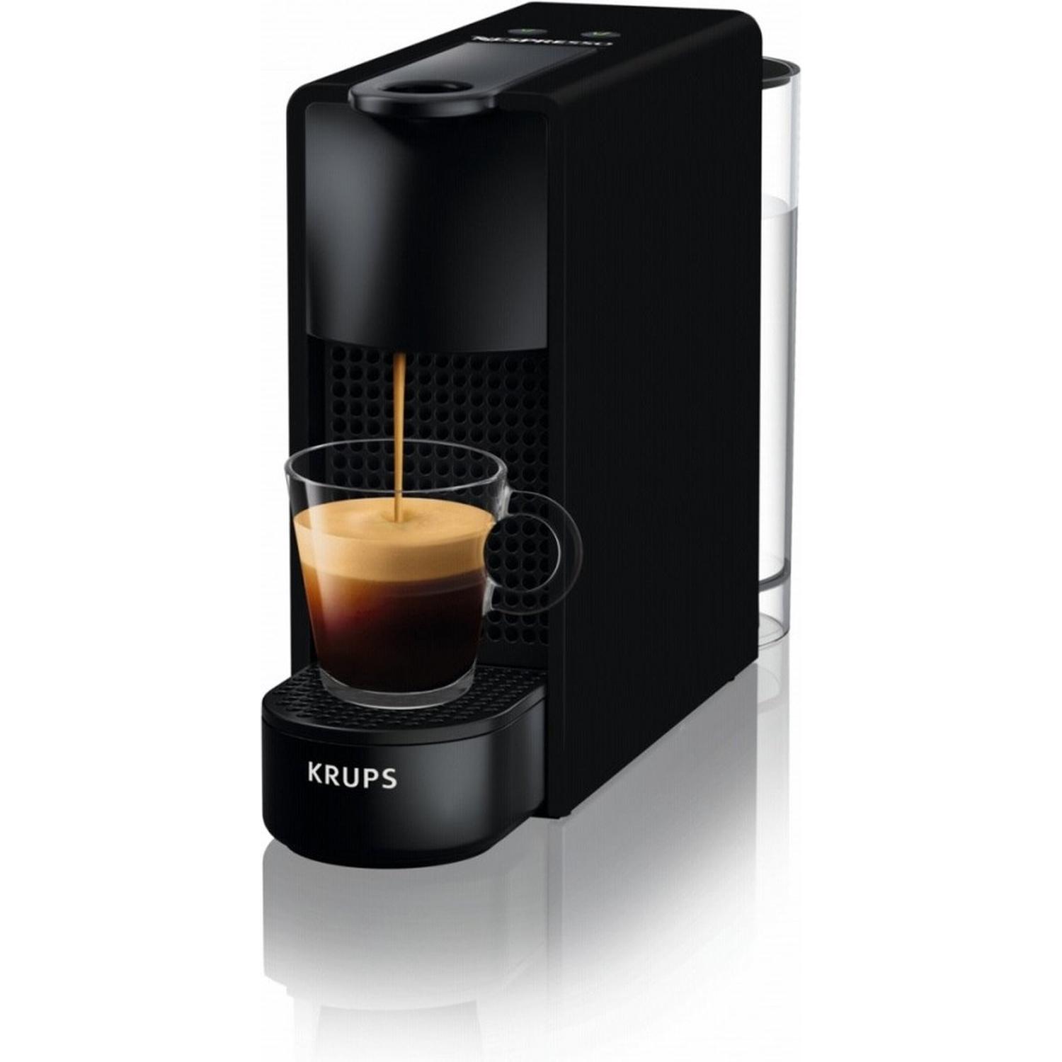 A black Krups Nespresso machine dispensing espresso into a glass cup. The cup sits on a black base, and a water container is visible.