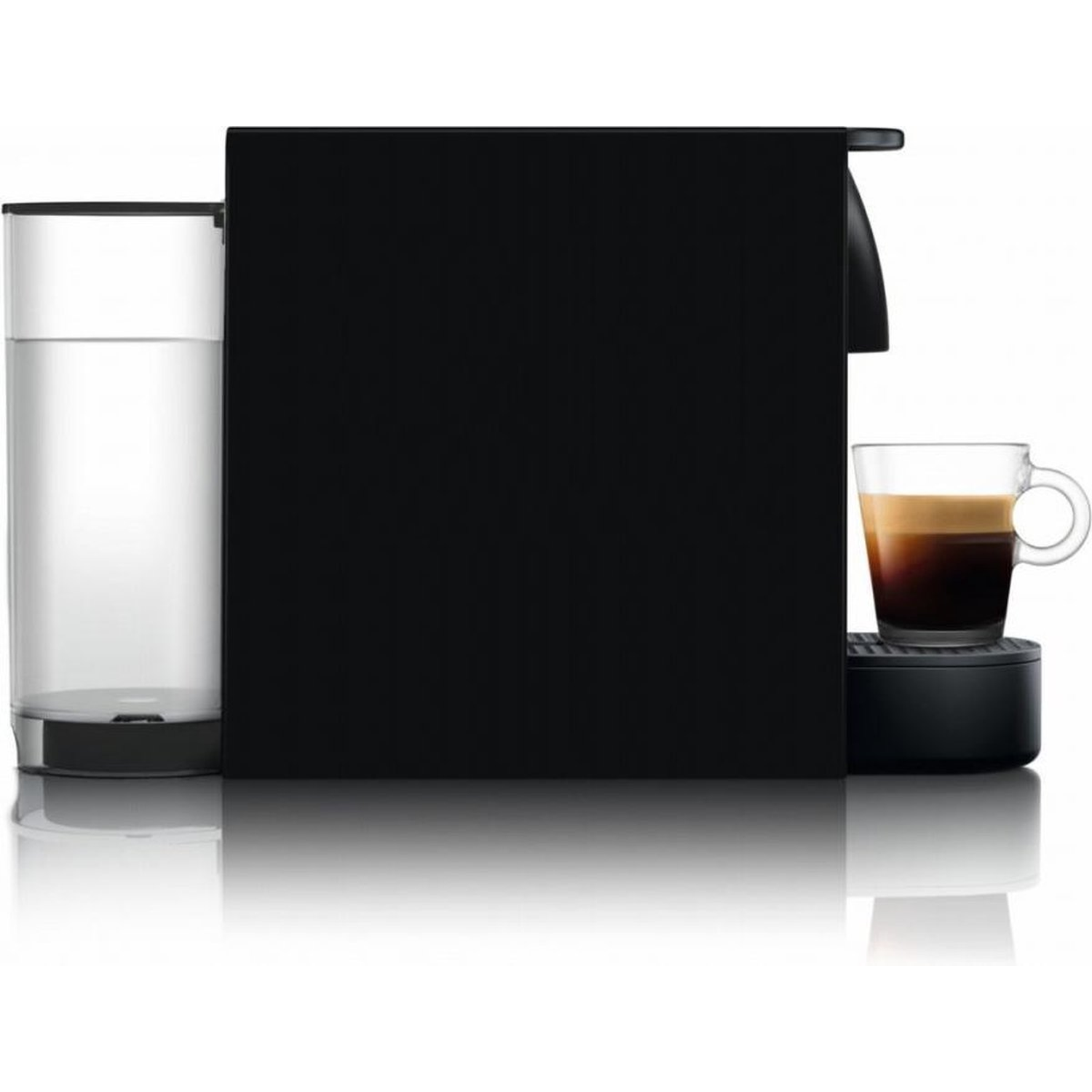 A black Nespresso machine with a glass of water on the left and a cup of coffee on the right, with a white background.