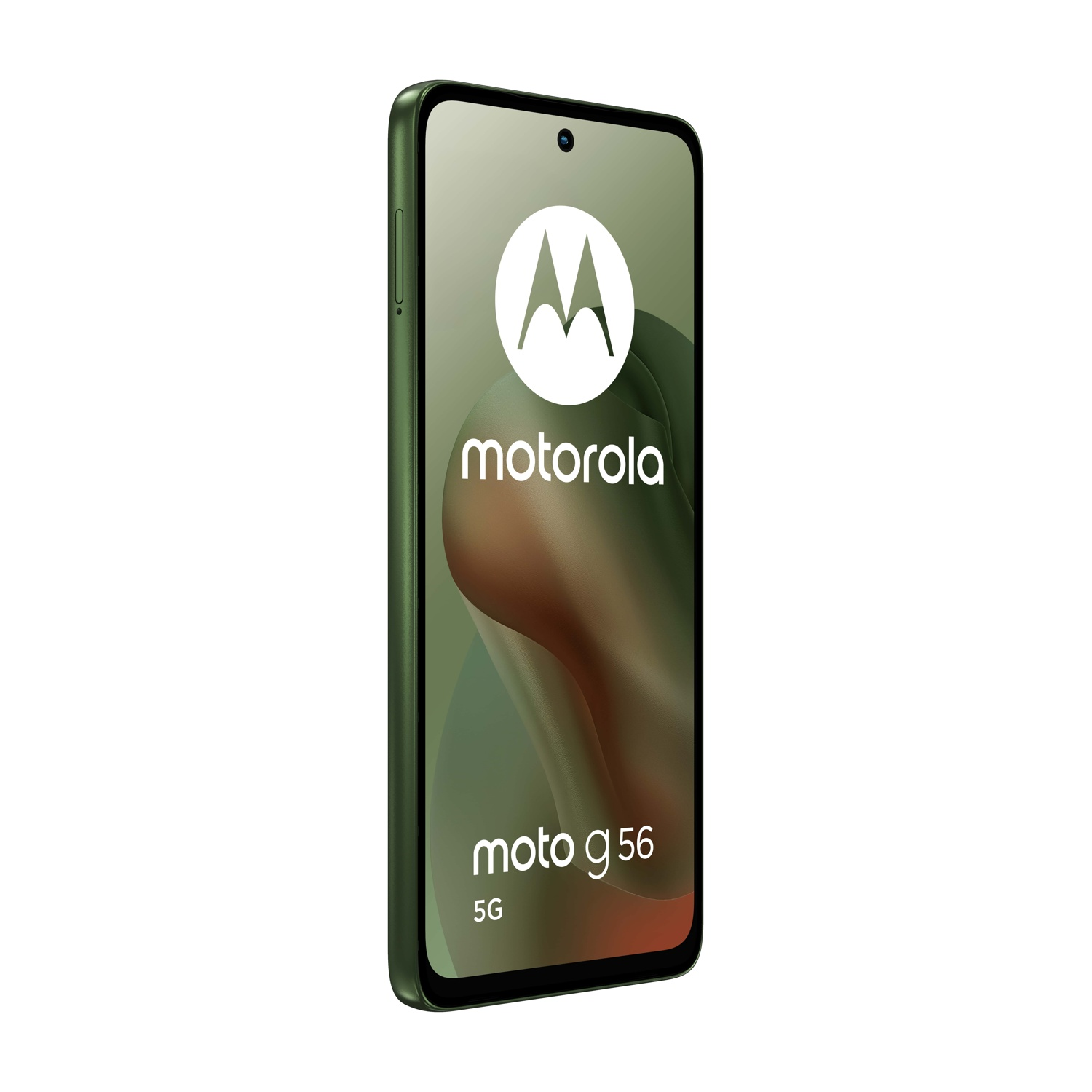 Uno smartphone Motorola Moto G56 5G verde. Lo schermo mostra il logo Motorola e il modello del telefono. Lo sfondo è bianco.