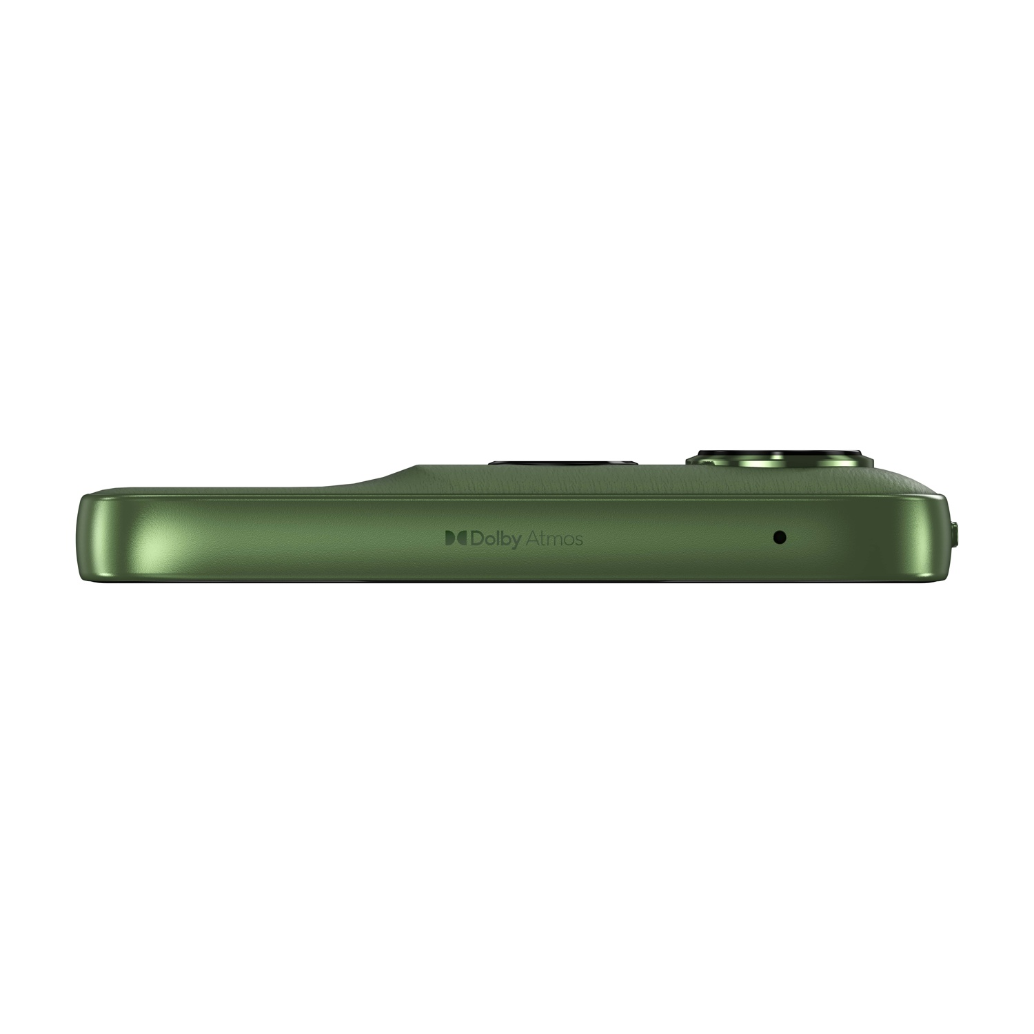 Vista laterale di uno smartphone verde. È visibile il logo Dolby Atmos. Il telefono ha un rialzo per la fotocamera e un piccolo foro.