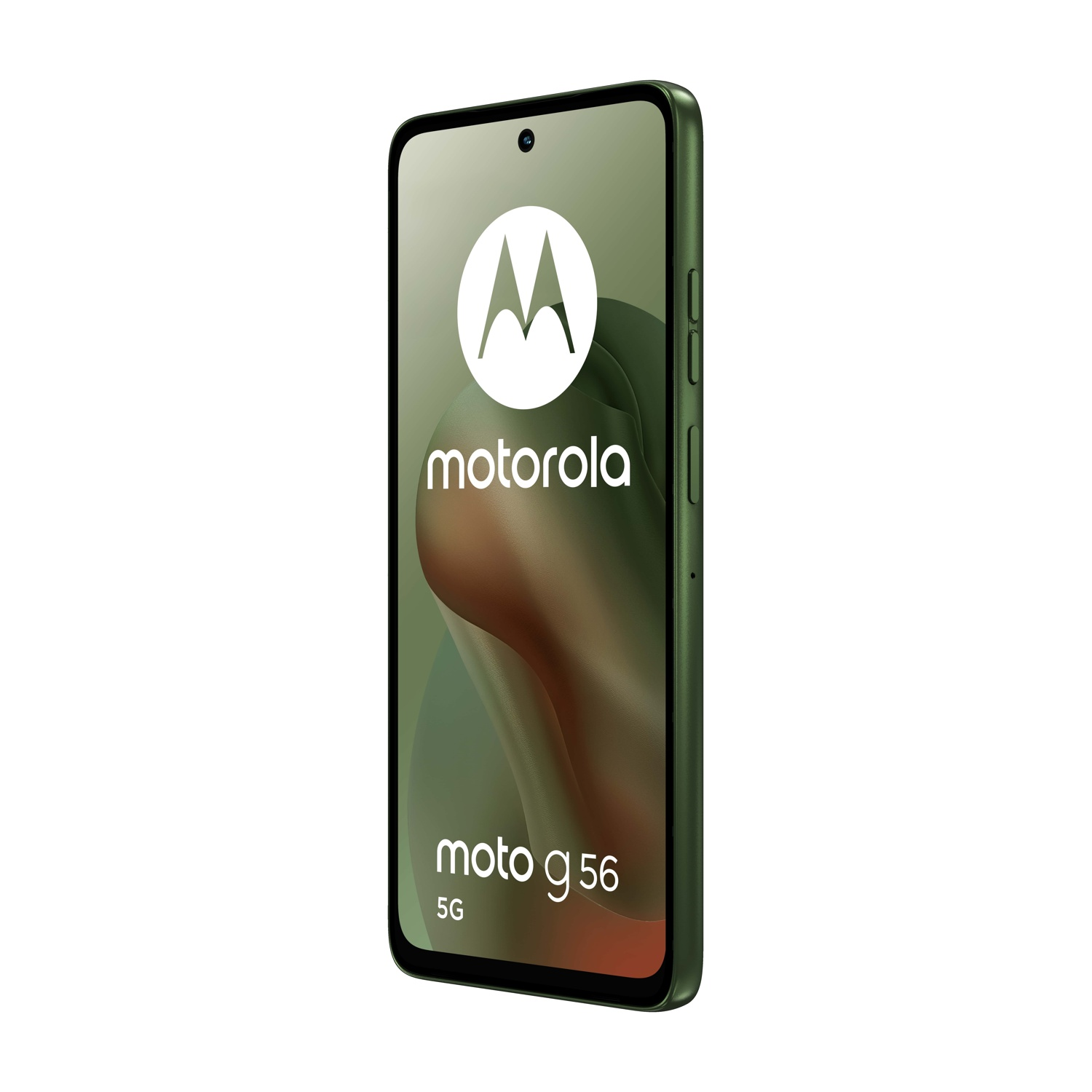 Un telefono verde Motorola Moto g56 5G. Lo schermo mostra il logo Motorola e il nome del modello del telefono. Lo sfondo è bianco.
