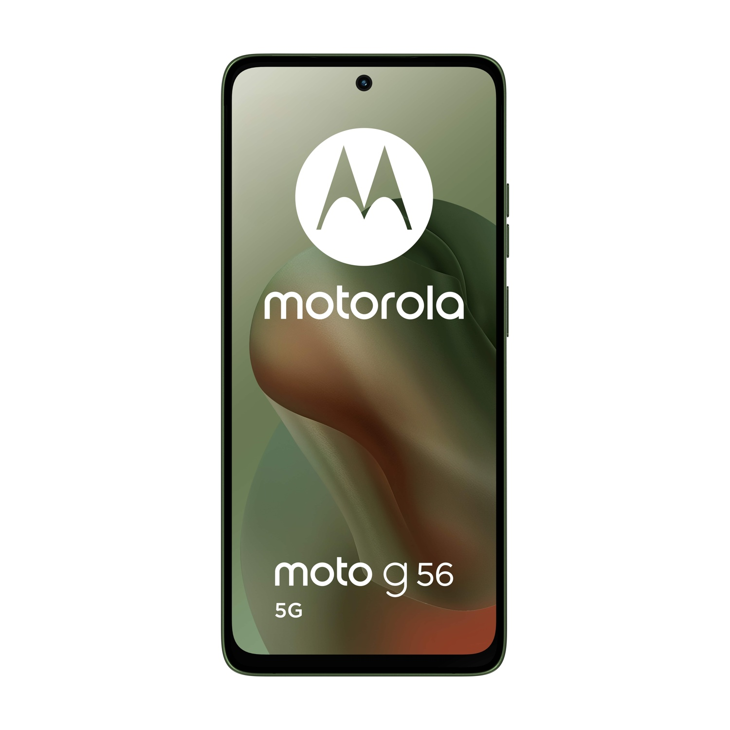 Smartphone Motorola Moto g56 5G. Logo 'M' bianco sullo schermo, testo 'motorola' e 'moto g56 5G'. Cornice verde, sfondo bianco.
