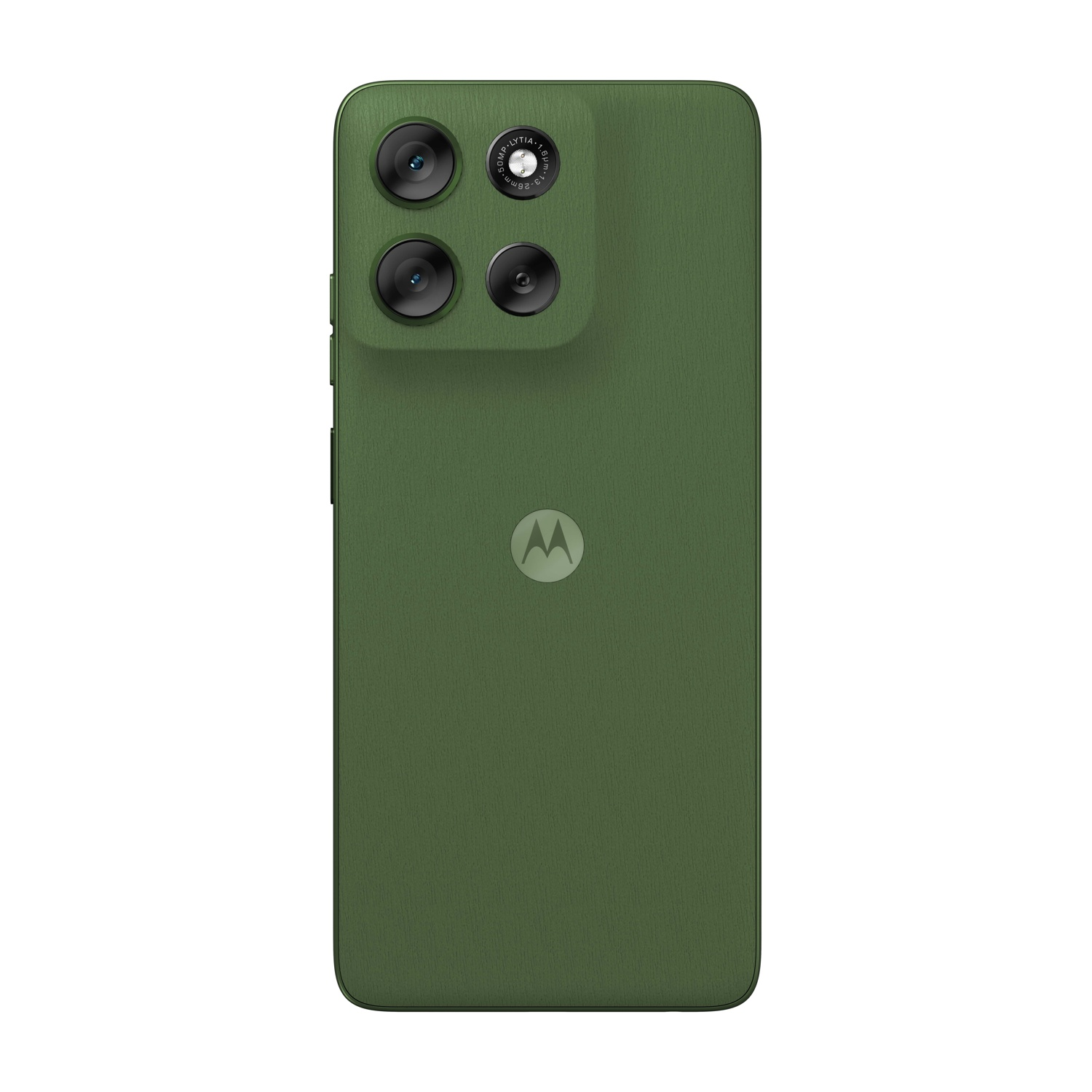 Retro di un telefono Motorola verde. Presenta quattro obiettivi, un flash e il logo Motorola. Il telefono ha una finitura strutturata.