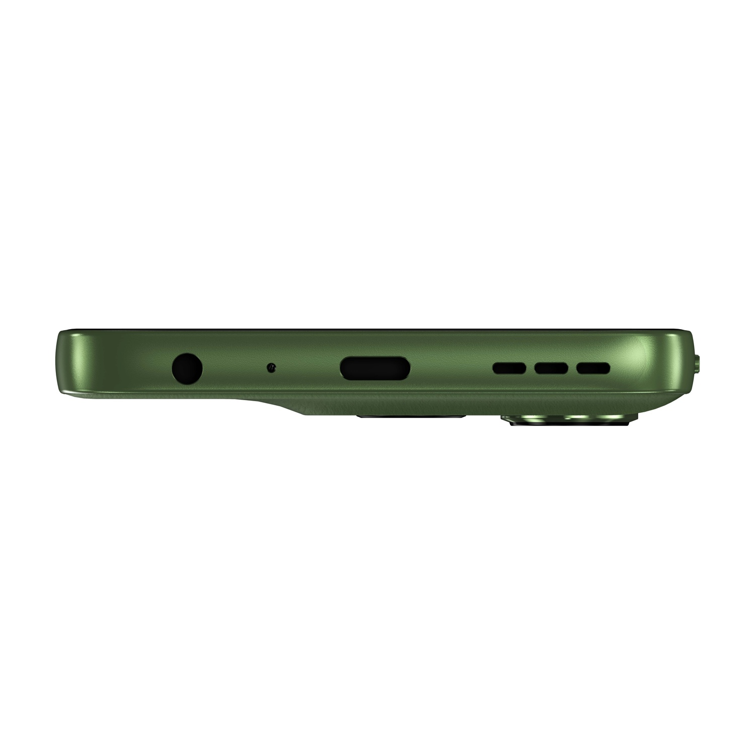 Primo piano del bordo inferiore di uno smartphone verde. Presenta un jack per cuffie, una porta di ricarica e griglie per altoparlanti. Sfondo bianco.