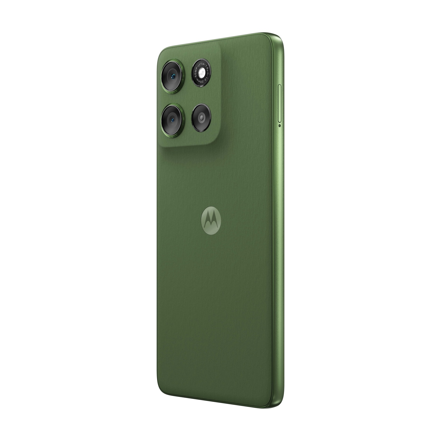 Smartphone verde con più fotocamere. Logo Motorola sul retro. La vista laterale mostra il pulsante di accensione e il vassoio SIM. Isolato su bianco.
