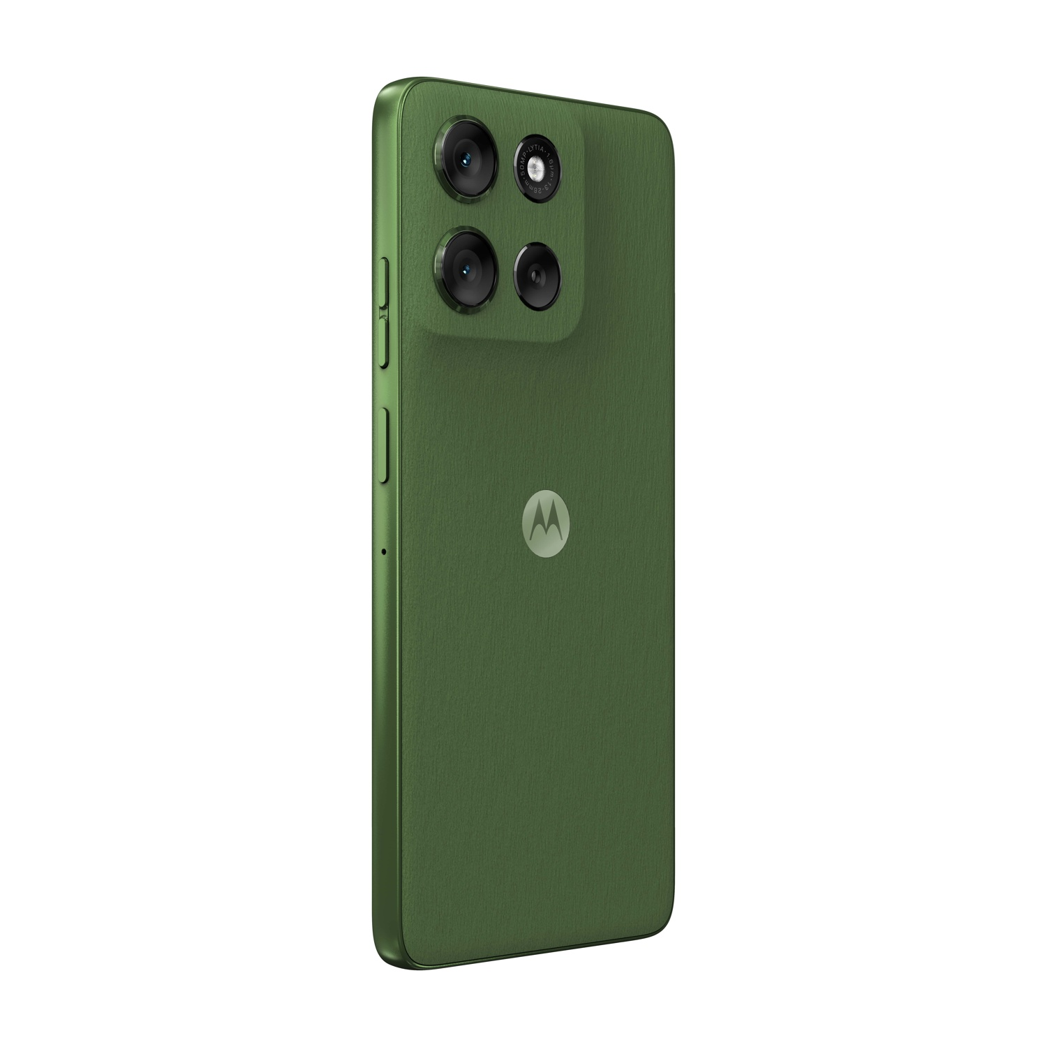 Smartphone Motorola verde. Ha quattro fotocamere posteriori e un logo Motorola. Il telefono è posizionato ad angolo su sfondo bianco.