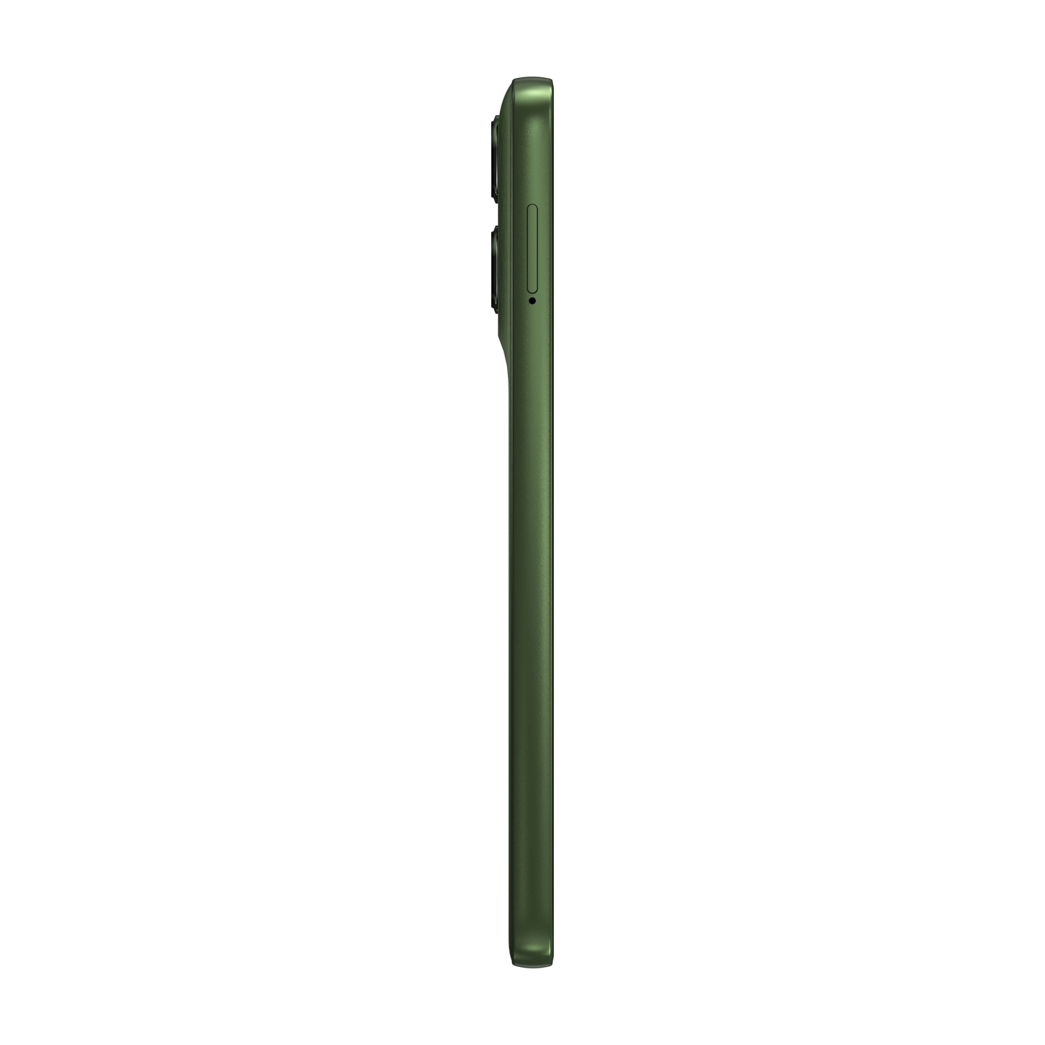 Vista laterale di uno smartphone verde, con lenti della fotocamera, pulsanti e slot SIM. Sfondo bianco.
